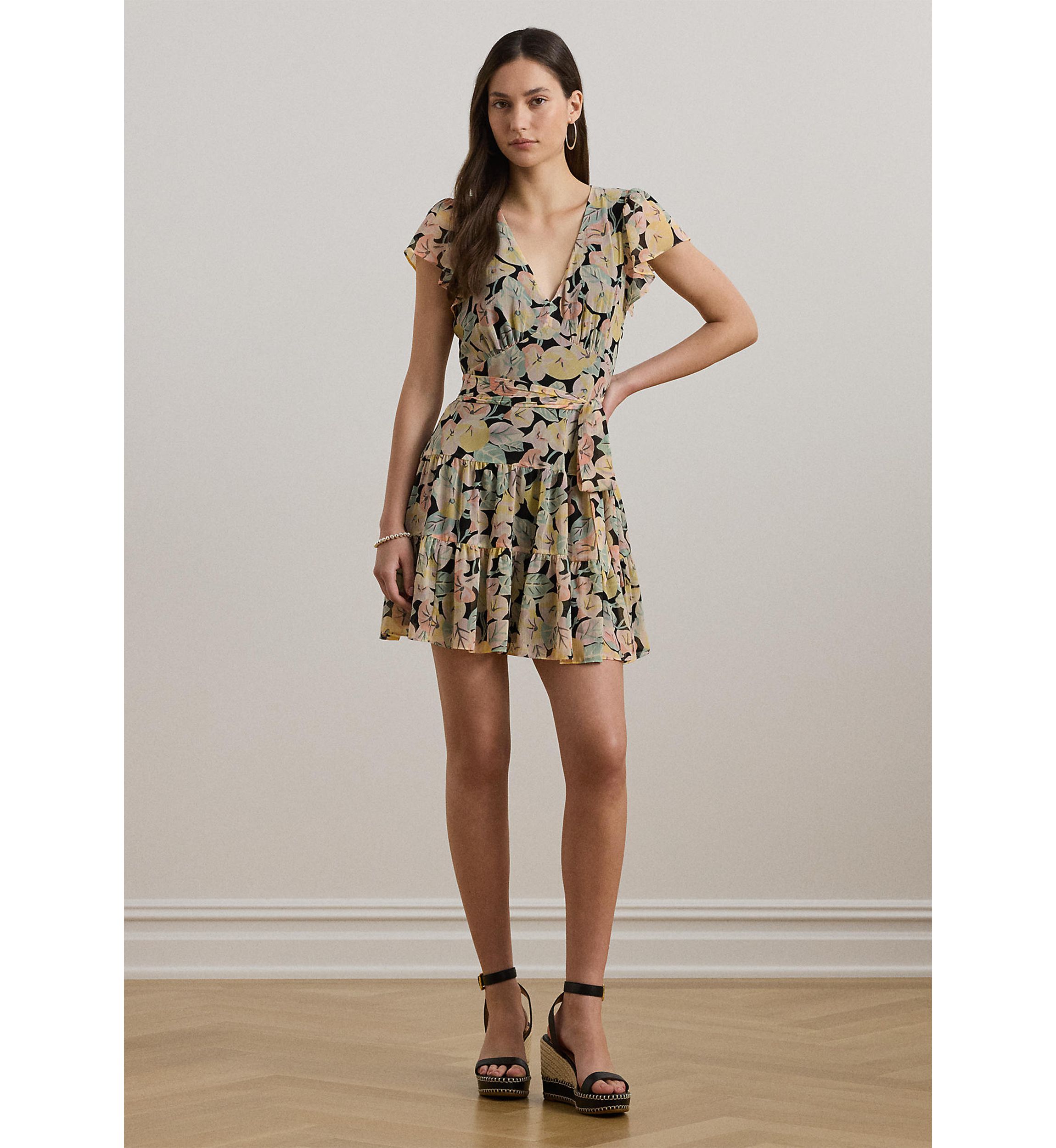 Floral Belted Georgette Tiered Dress