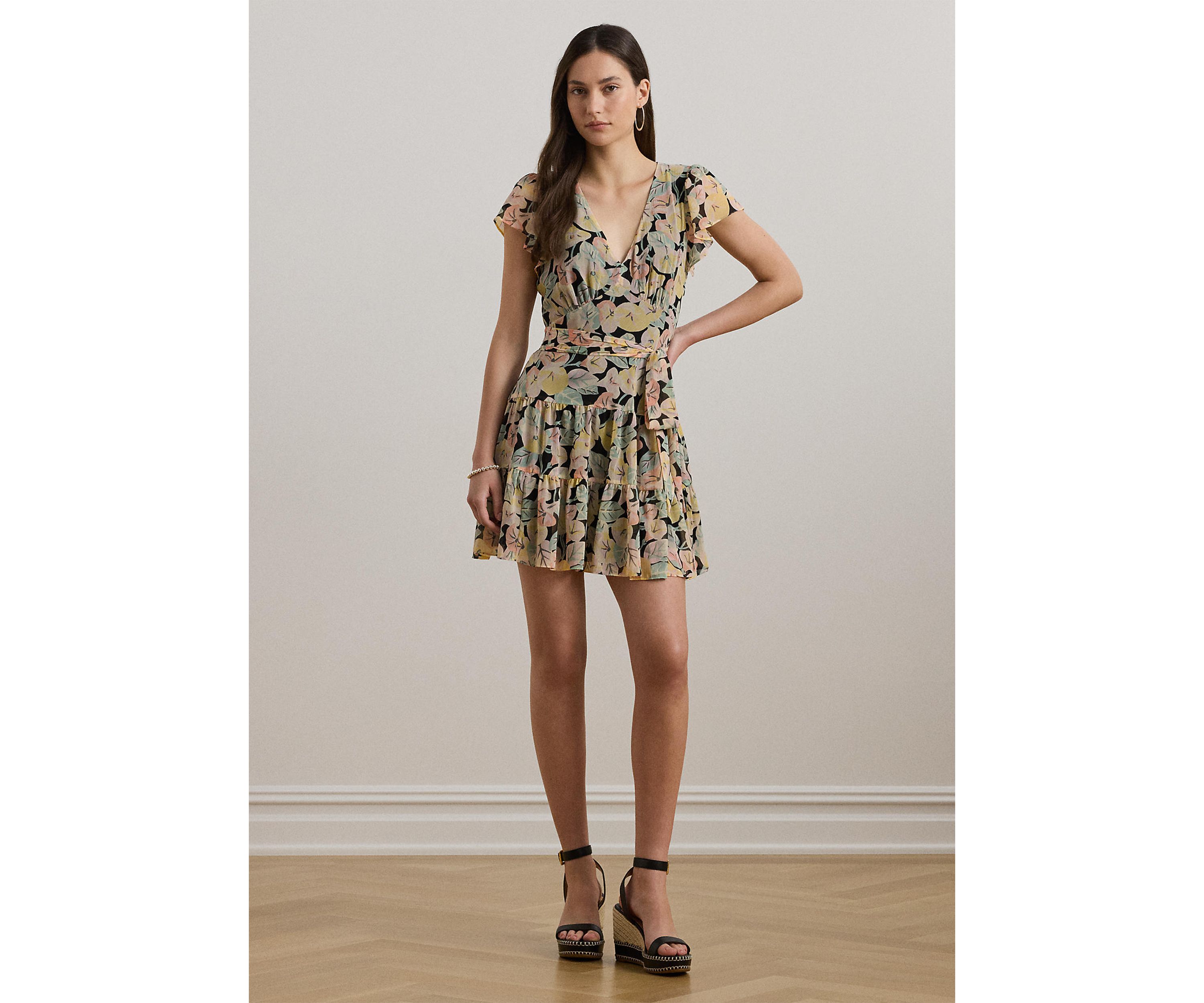 Floral Belted Georgette Tiered Dress