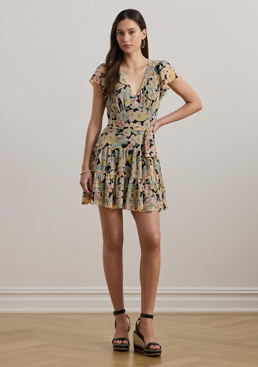 Floral Belted Georgette Tiered Dress