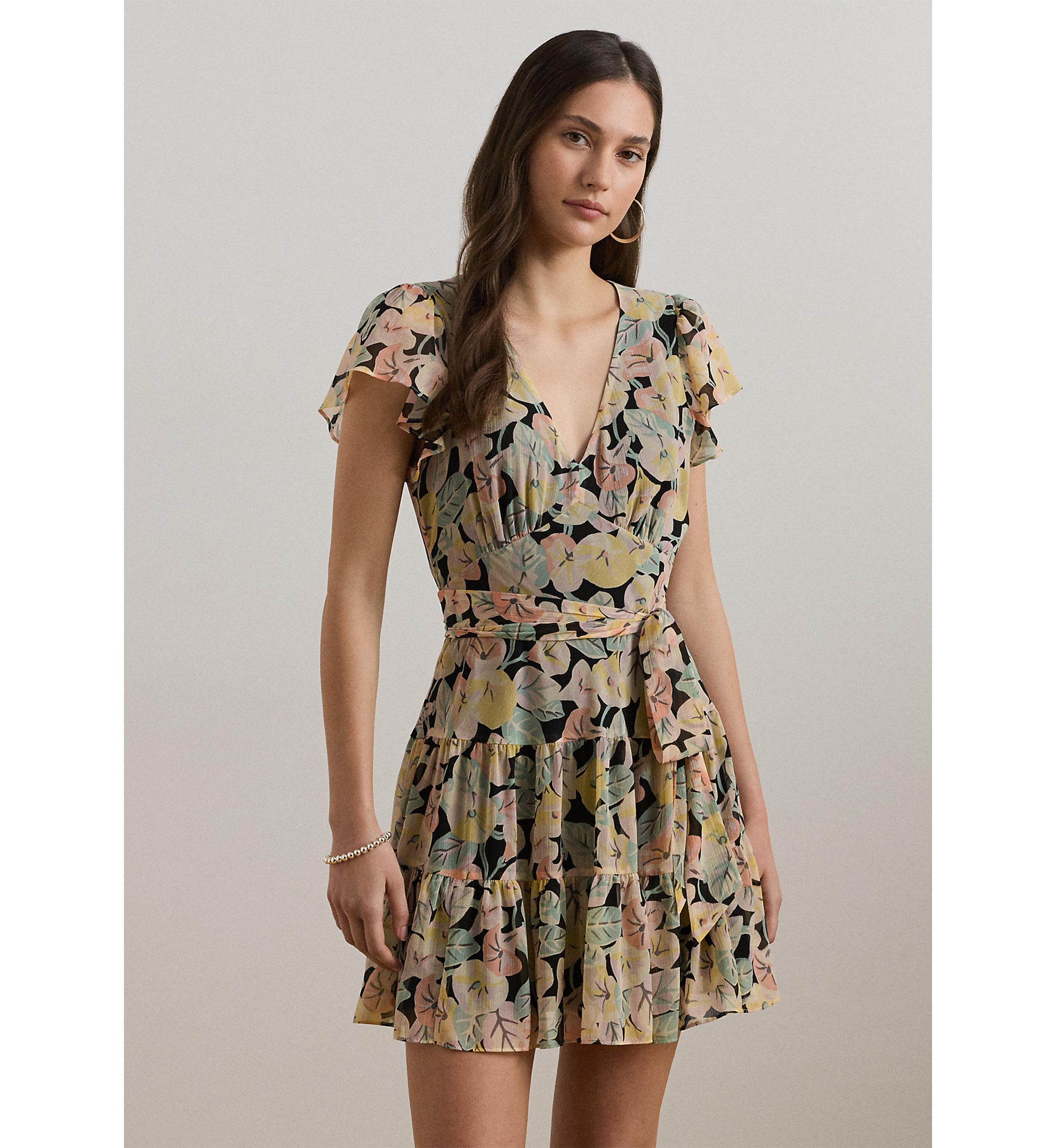 Floral Belted Georgette Tiered Dress