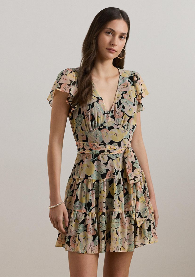 Floral Belted Georgette Tiered Dress