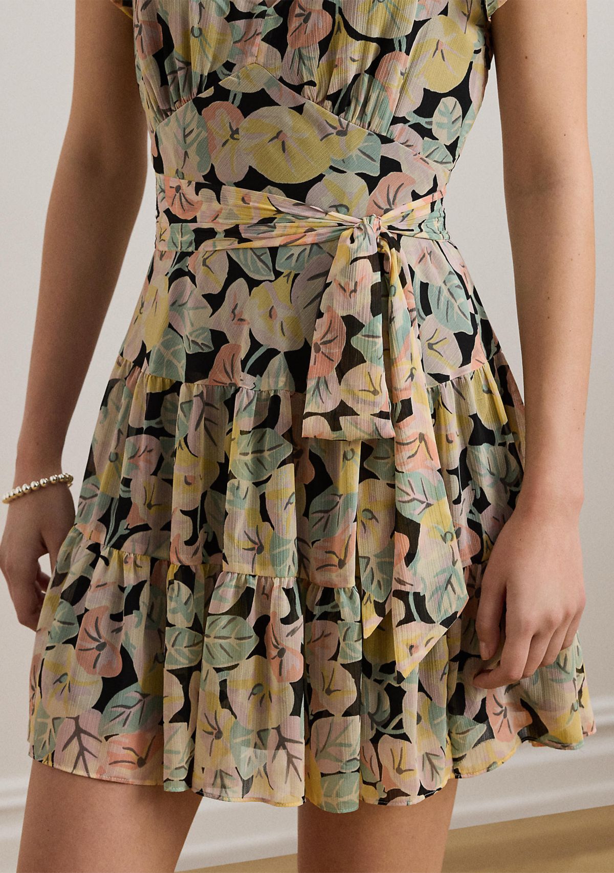 Floral Belted Georgette Tiered Dress