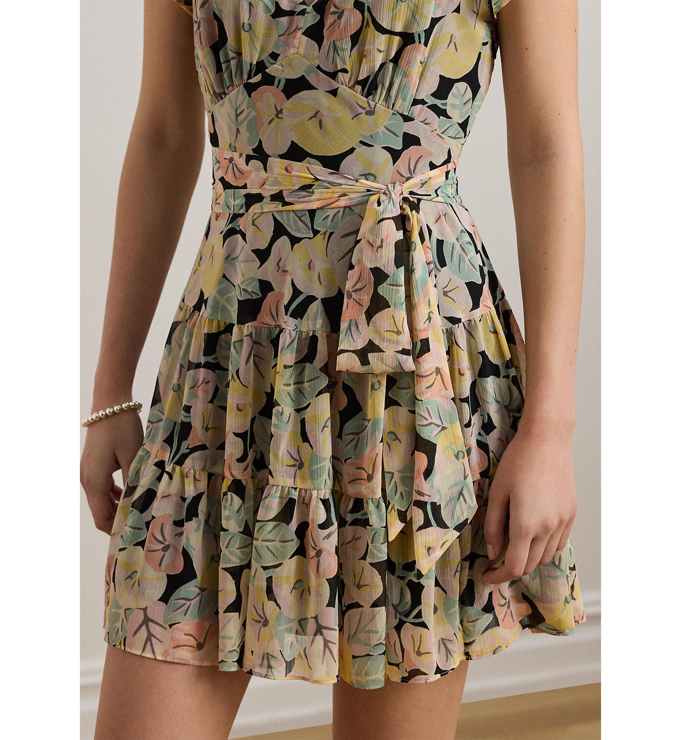 Floral Belted Georgette Tiered Dress