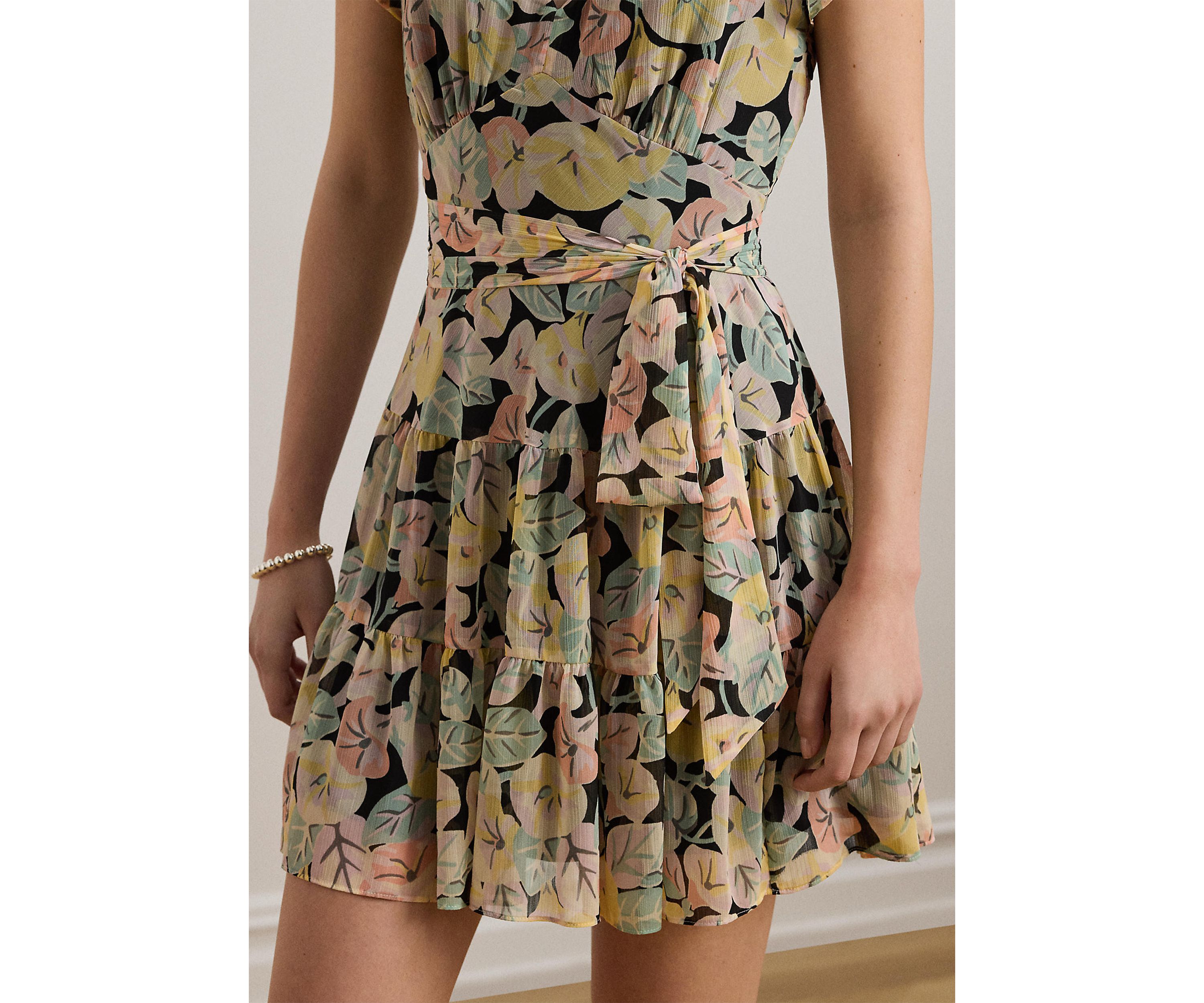 Floral Belted Georgette Tiered Dress