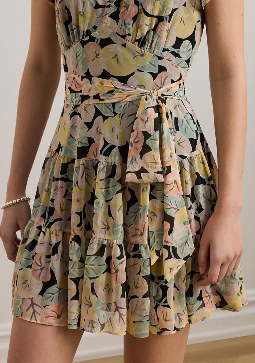 Floral Belted Georgette Tiered Dress