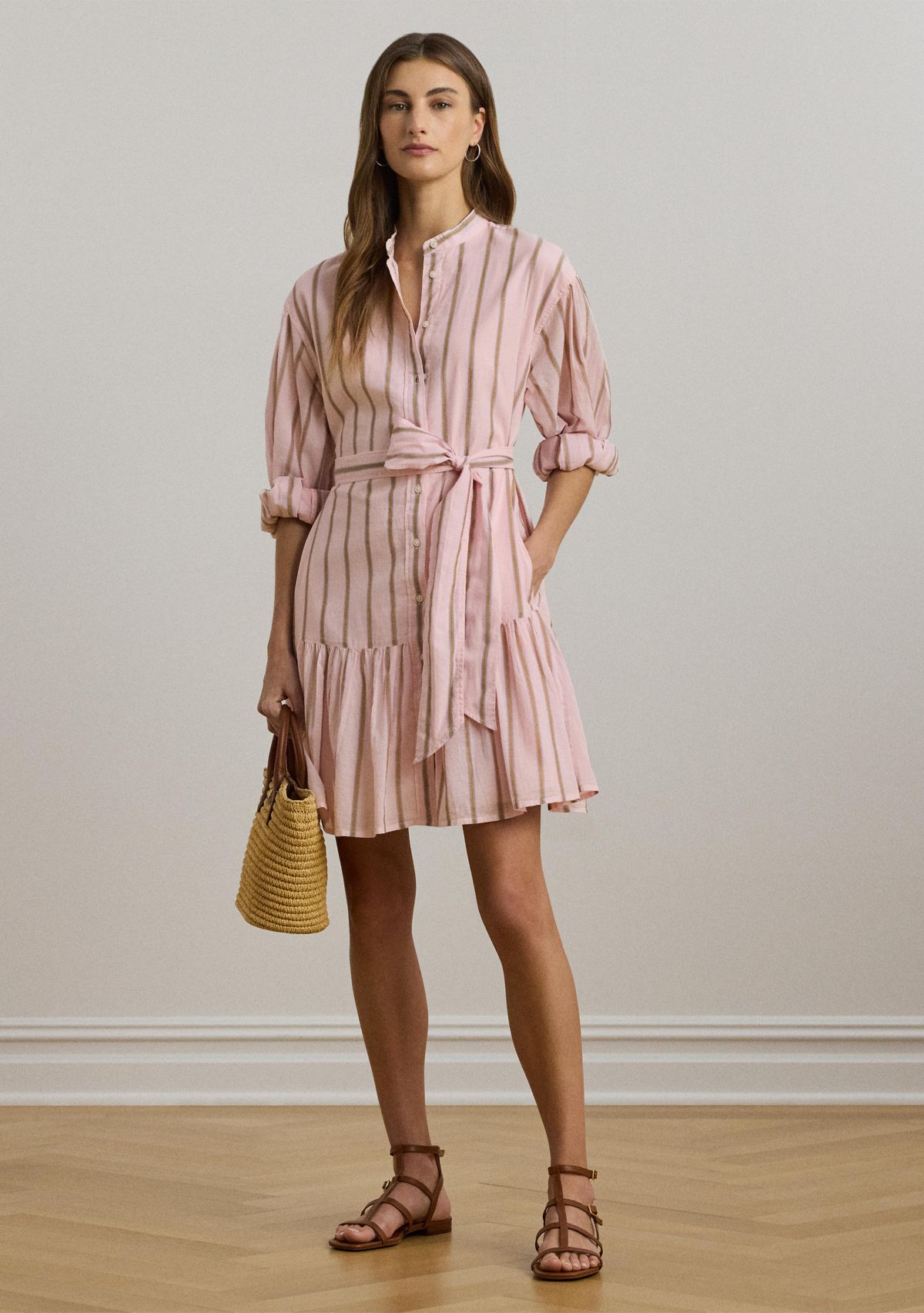Womens Striped Voile Blouson-Sleeve Shirtdress