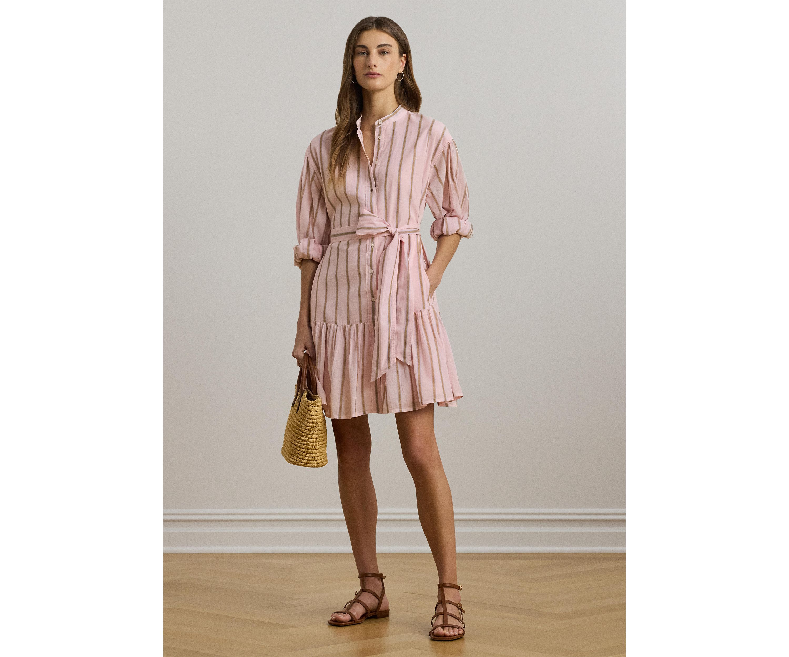 Womens Striped Voile Blouson-Sleeve Shirtdress
