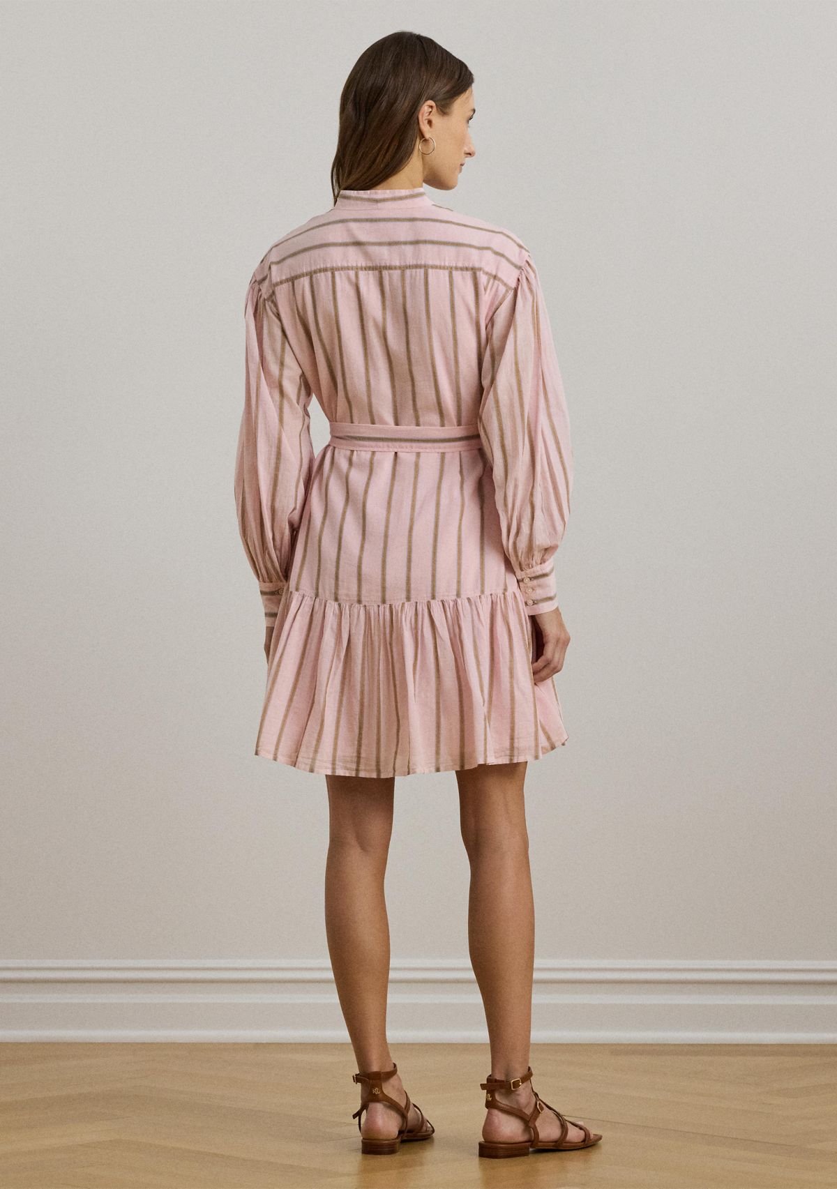 Womens Striped Voile Blouson-Sleeve Shirtdress