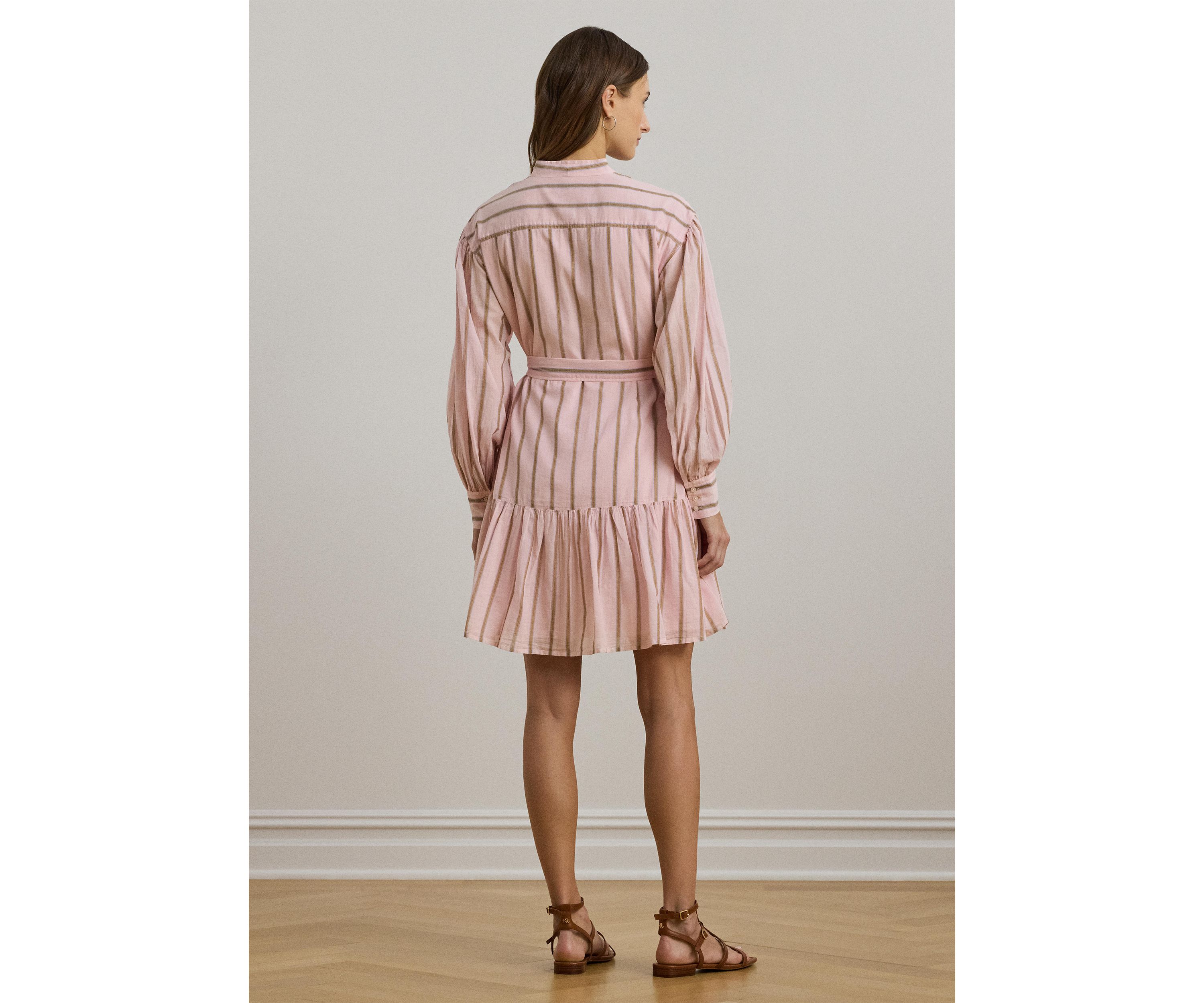 Womens Striped Voile Blouson-Sleeve Shirtdress