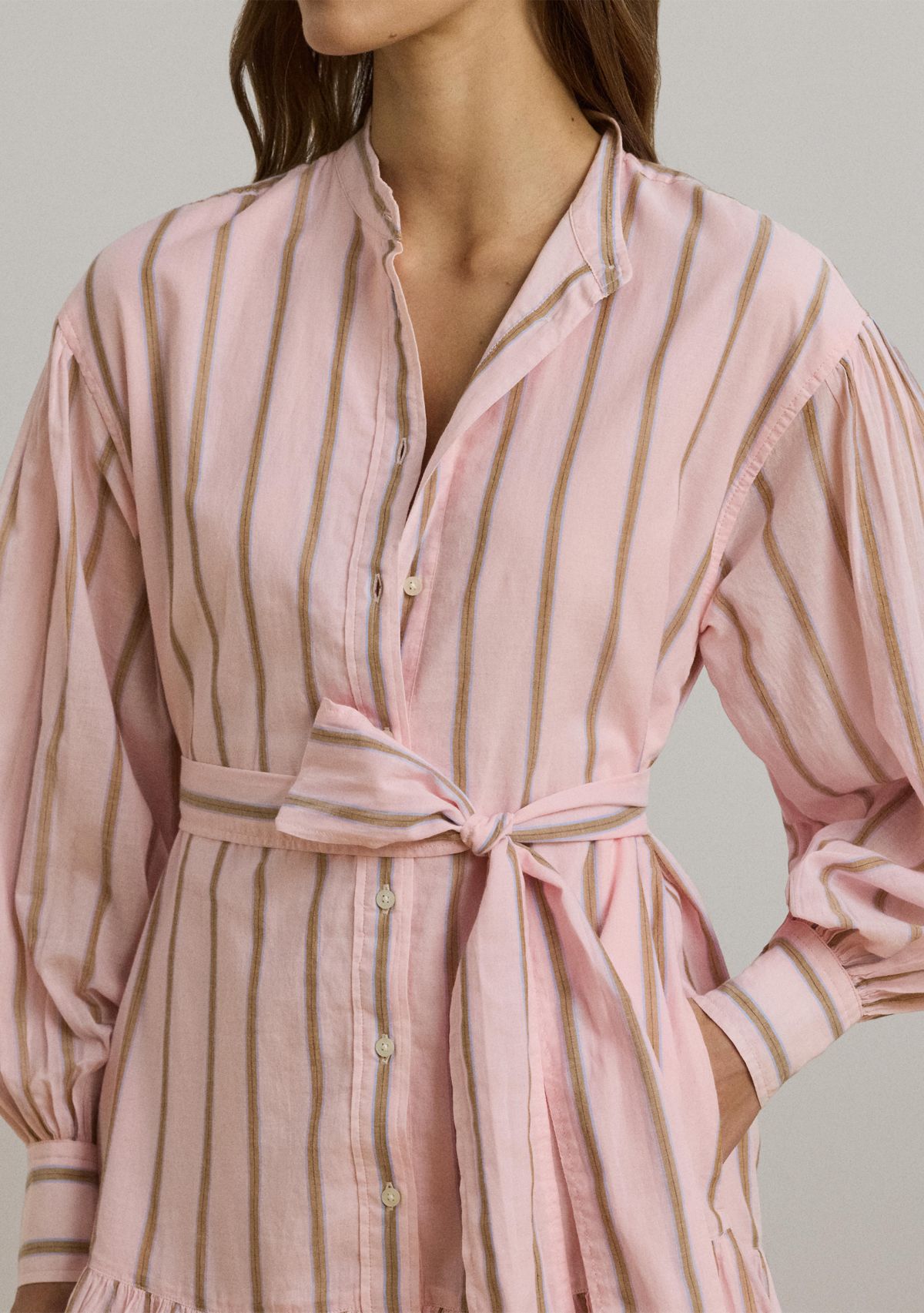 Womens Striped Voile Blouson-Sleeve Shirtdress