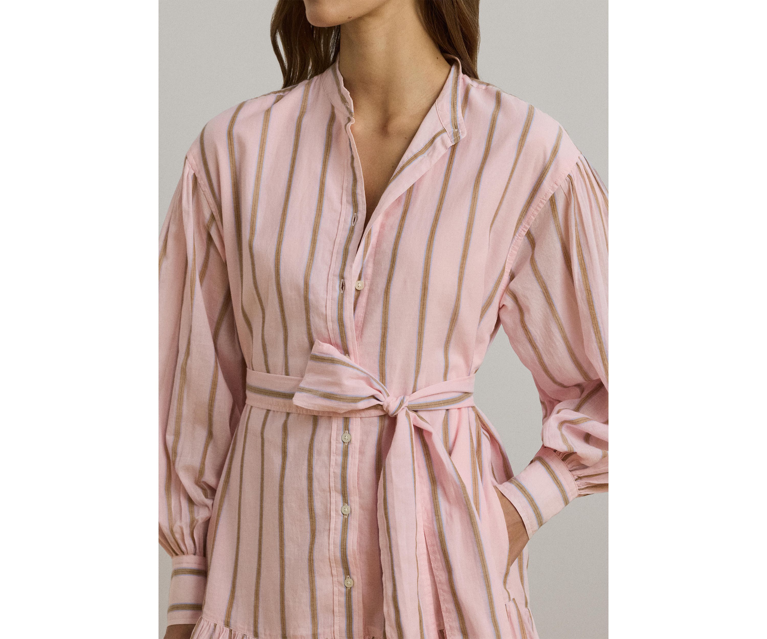 Womens Striped Voile Blouson-Sleeve Shirtdress
