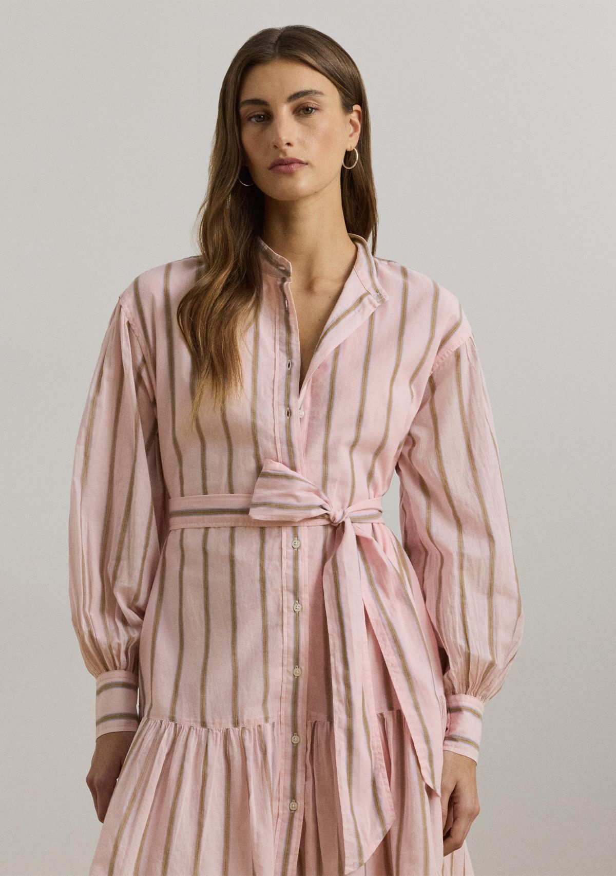 Womens Striped Voile Blouson-Sleeve Shirtdress