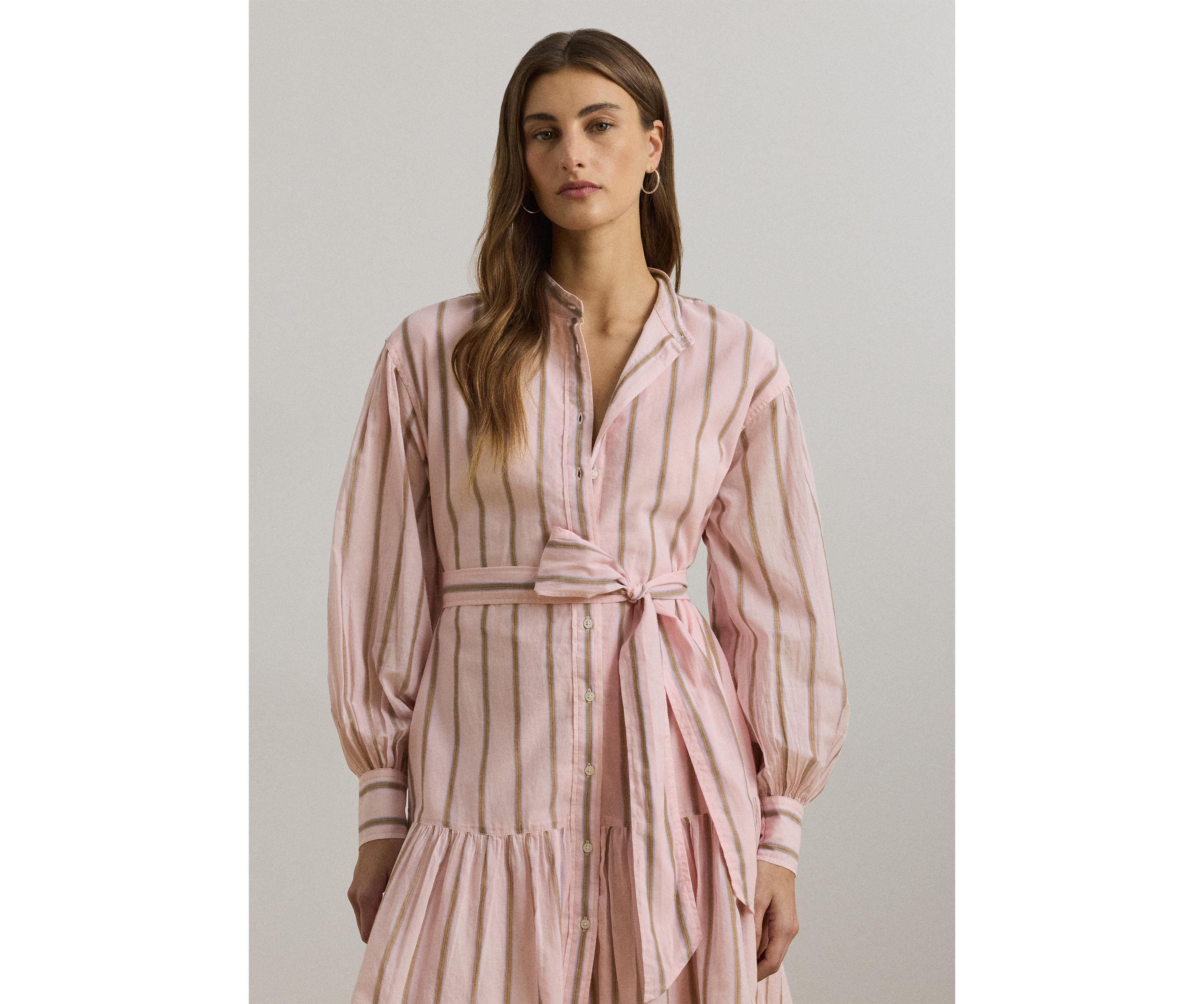 Womens Striped Voile Blouson-Sleeve Shirtdress