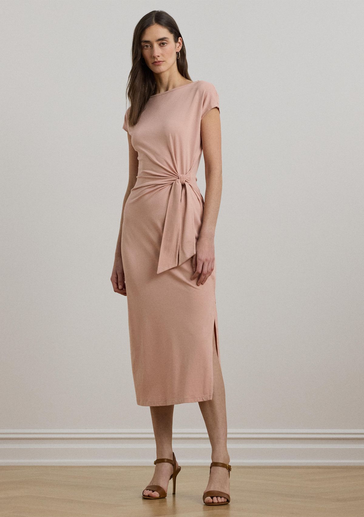 Tie Front Jersey Boat Neck Midi Dress