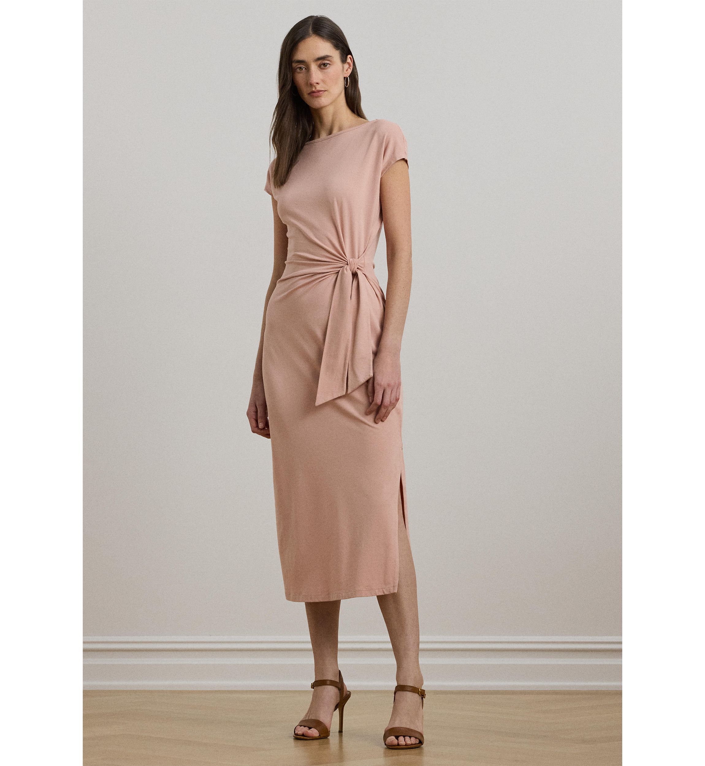 Tie Front Jersey Boat Neck Midi Dress