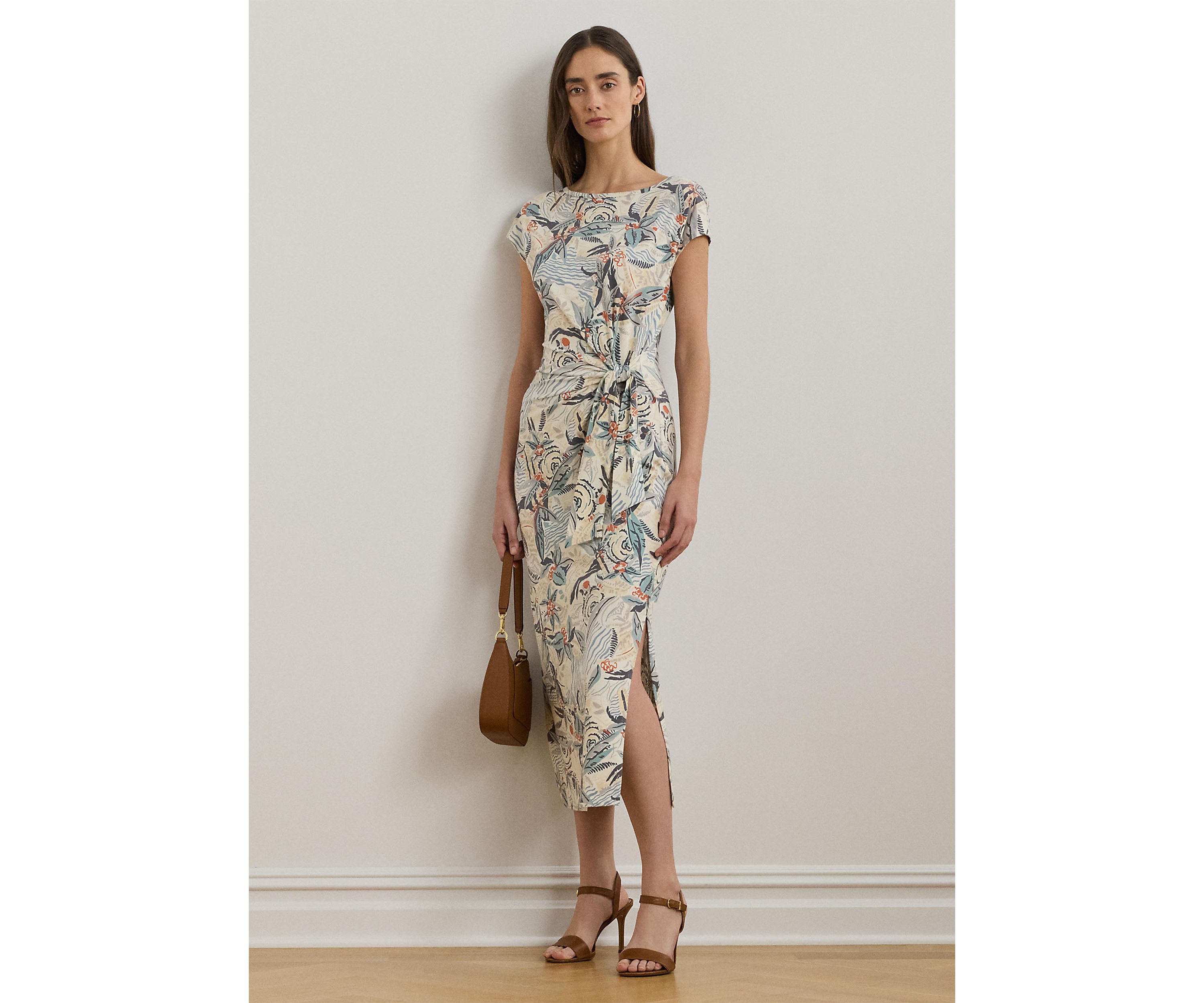 Tie Front Print Boat Neck Midi Dress