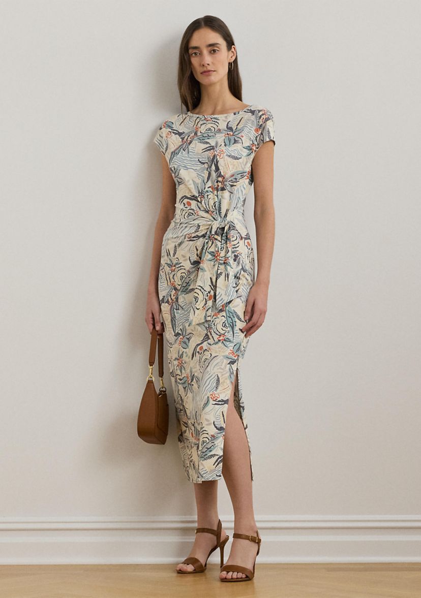 Tie Front Print Boat Neck Midi Dress