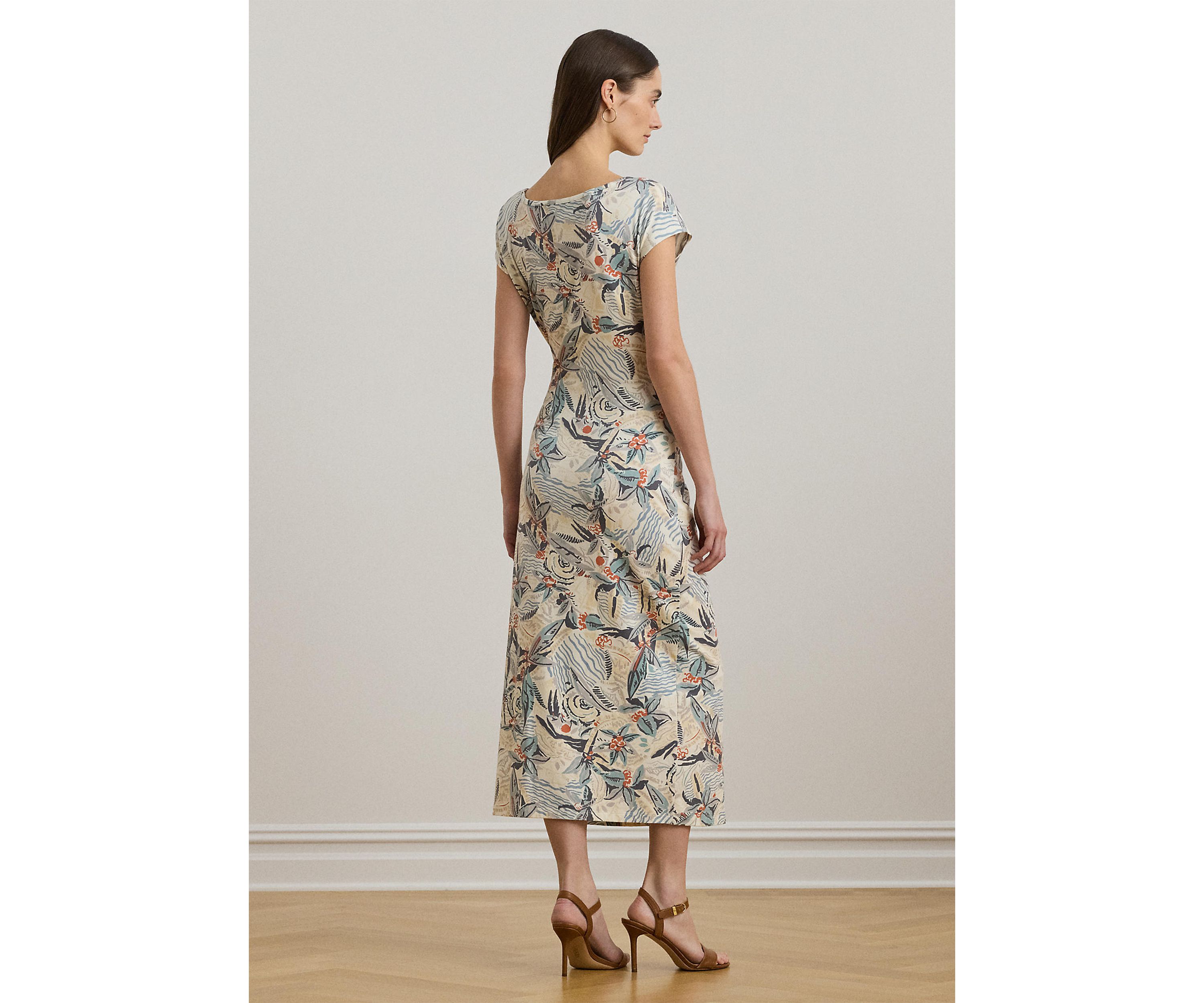 Tie Front Print Boat Neck Midi Dress