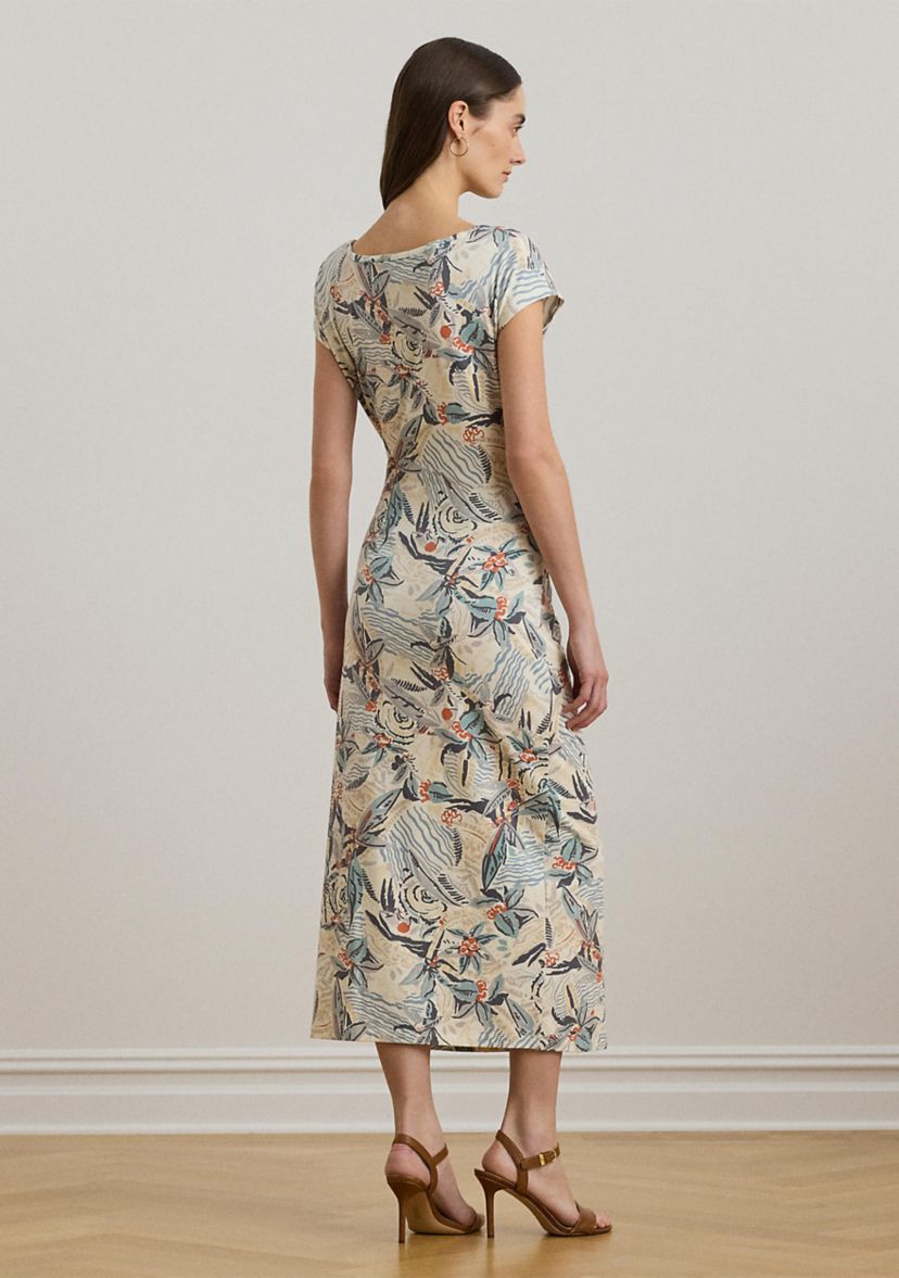 Tie Front Print Boat Neck Midi Dress