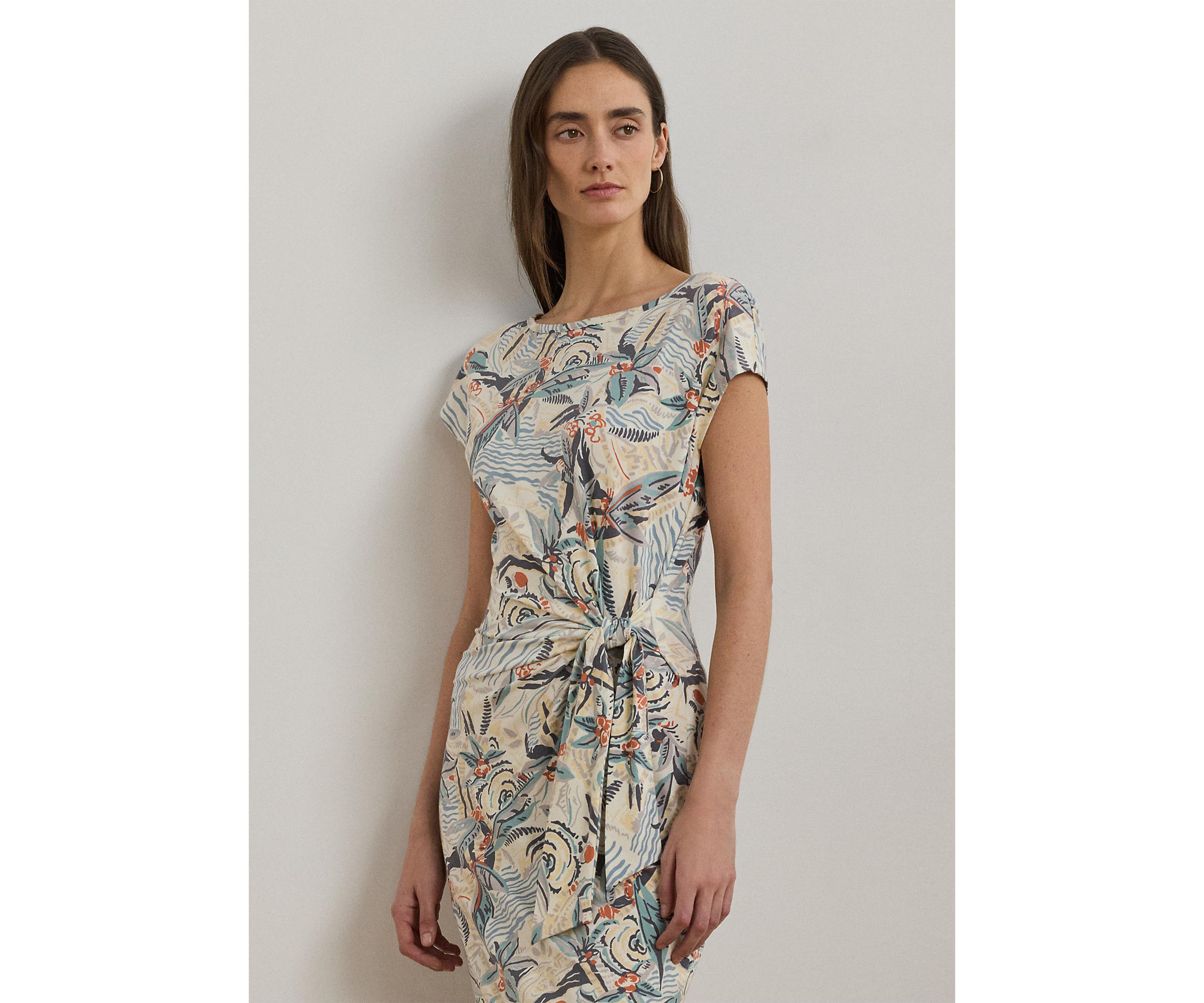 Tie Front Print Boat Neck Midi Dress