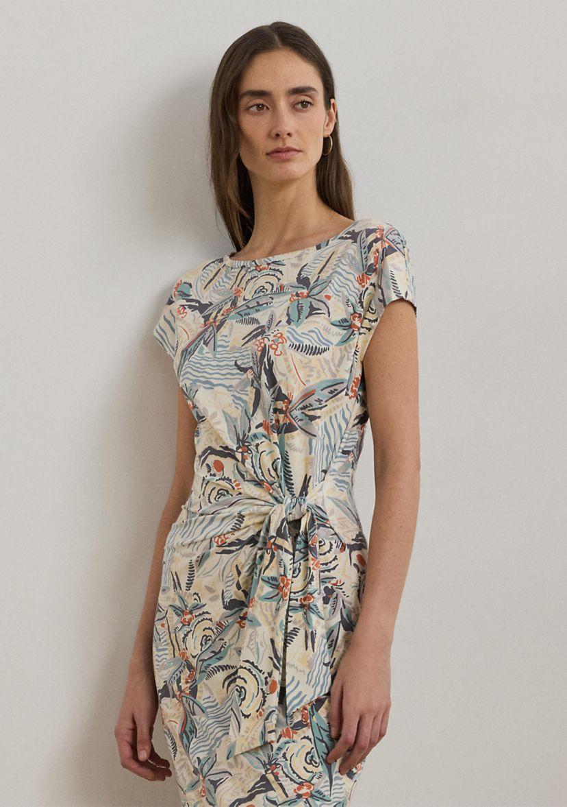 Tie Front Print Boat Neck Midi Dress