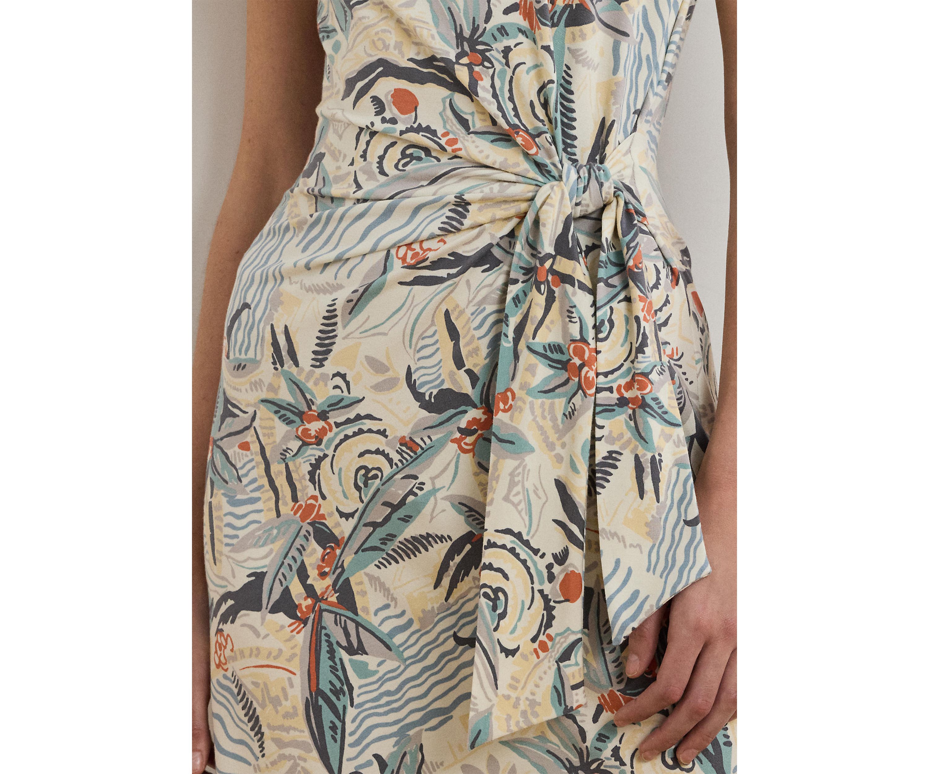 Tie Front Print Boat Neck Midi Dress