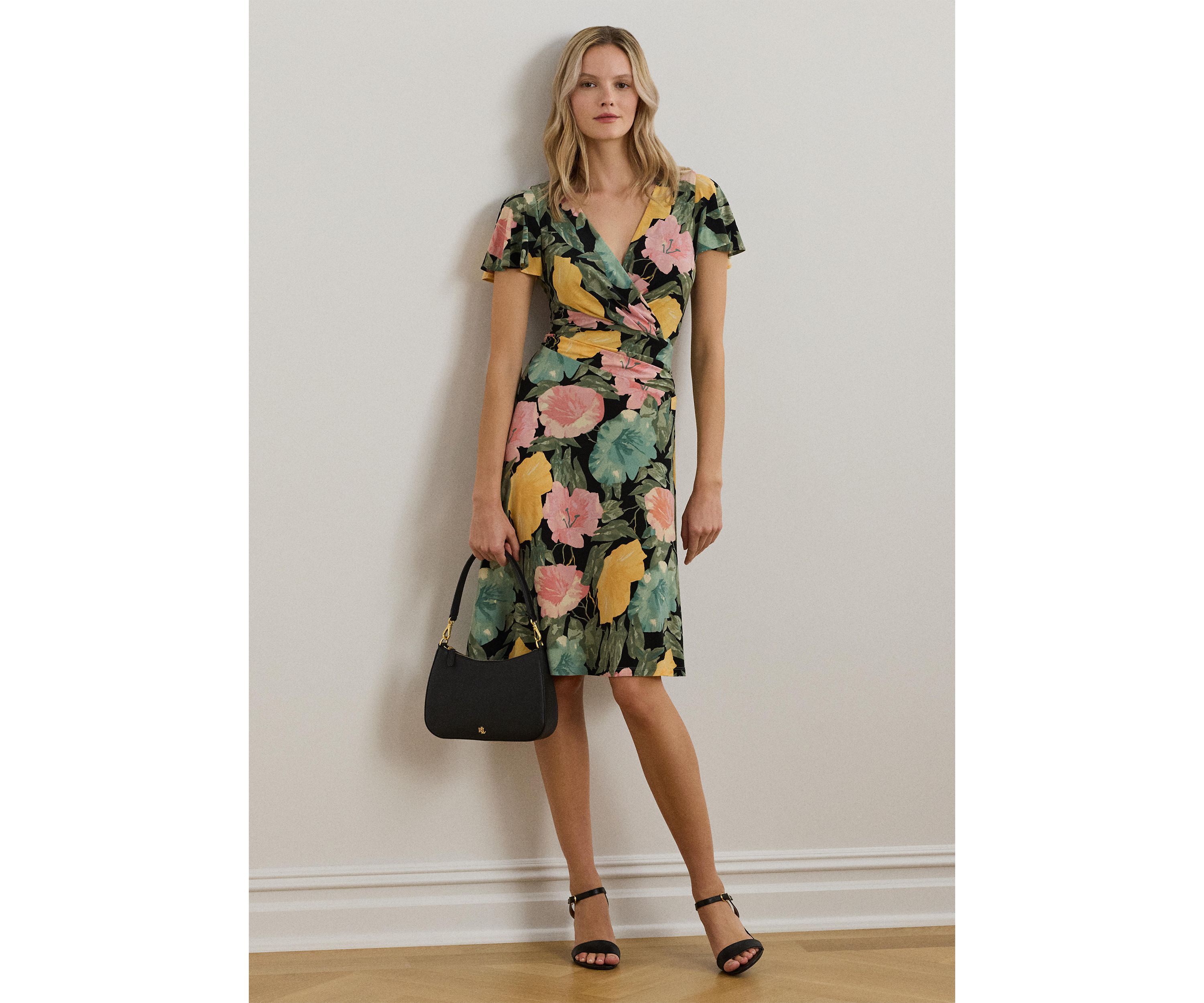 Womens Floral Stretch Jersey Surplice Dress