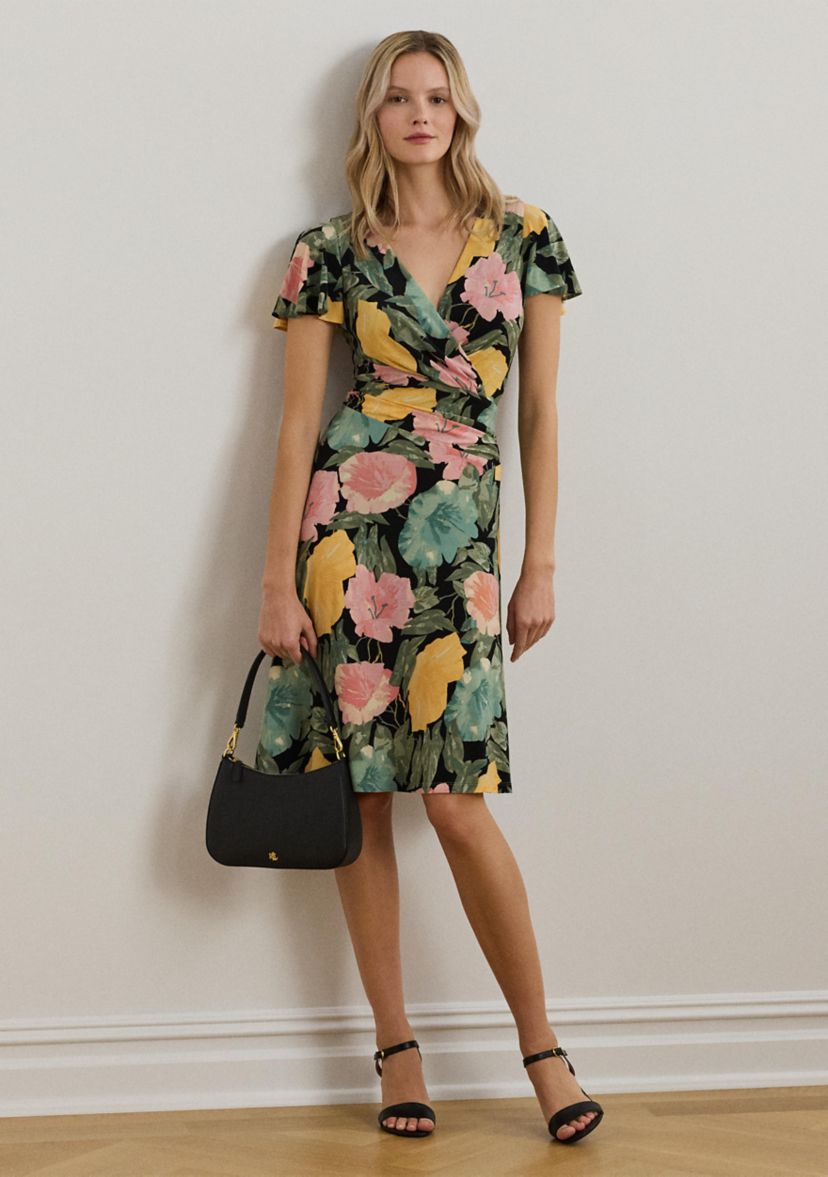 Womens Floral Stretch Jersey Surplice Dress