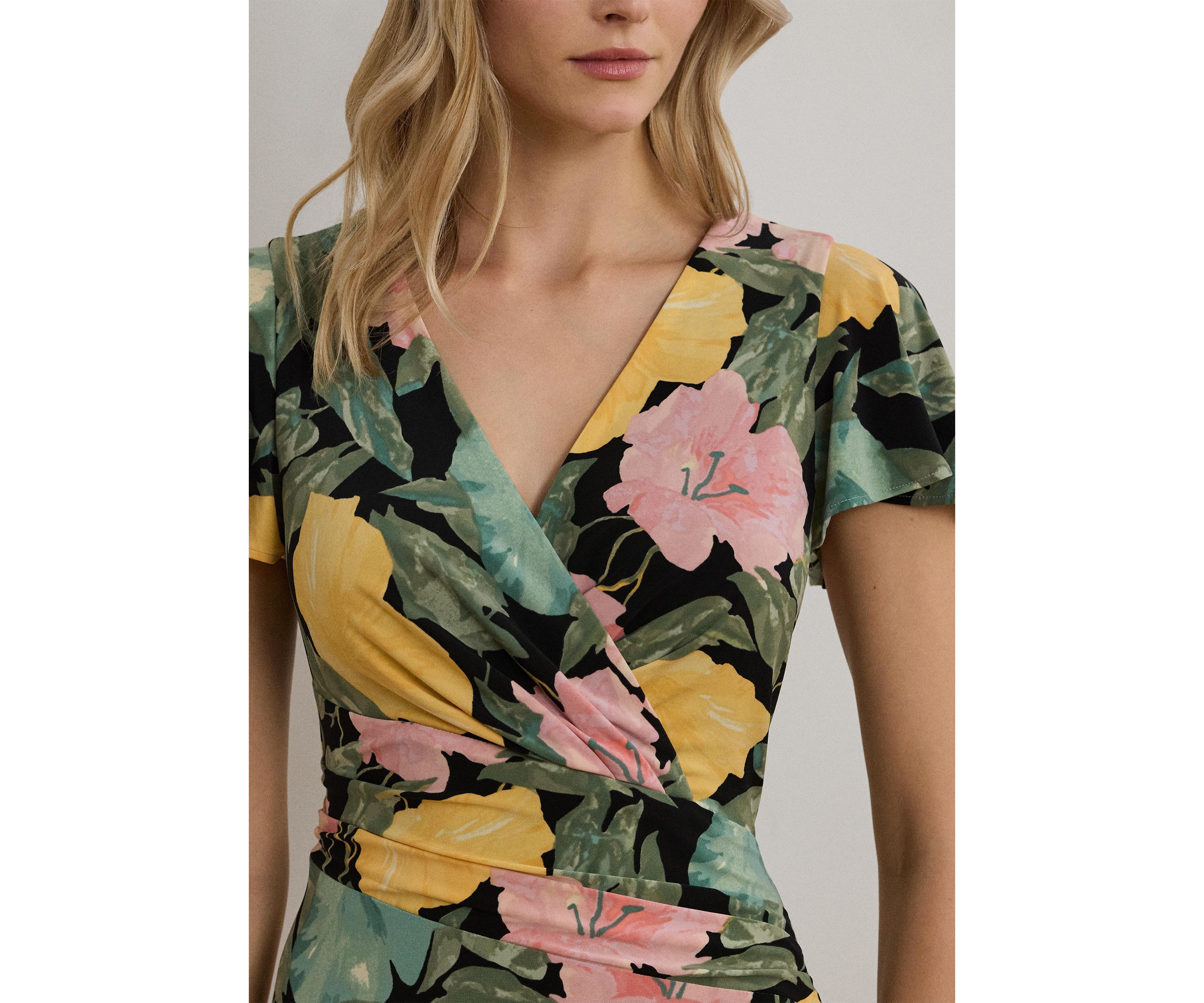 Womens Floral Stretch Jersey Surplice Dress