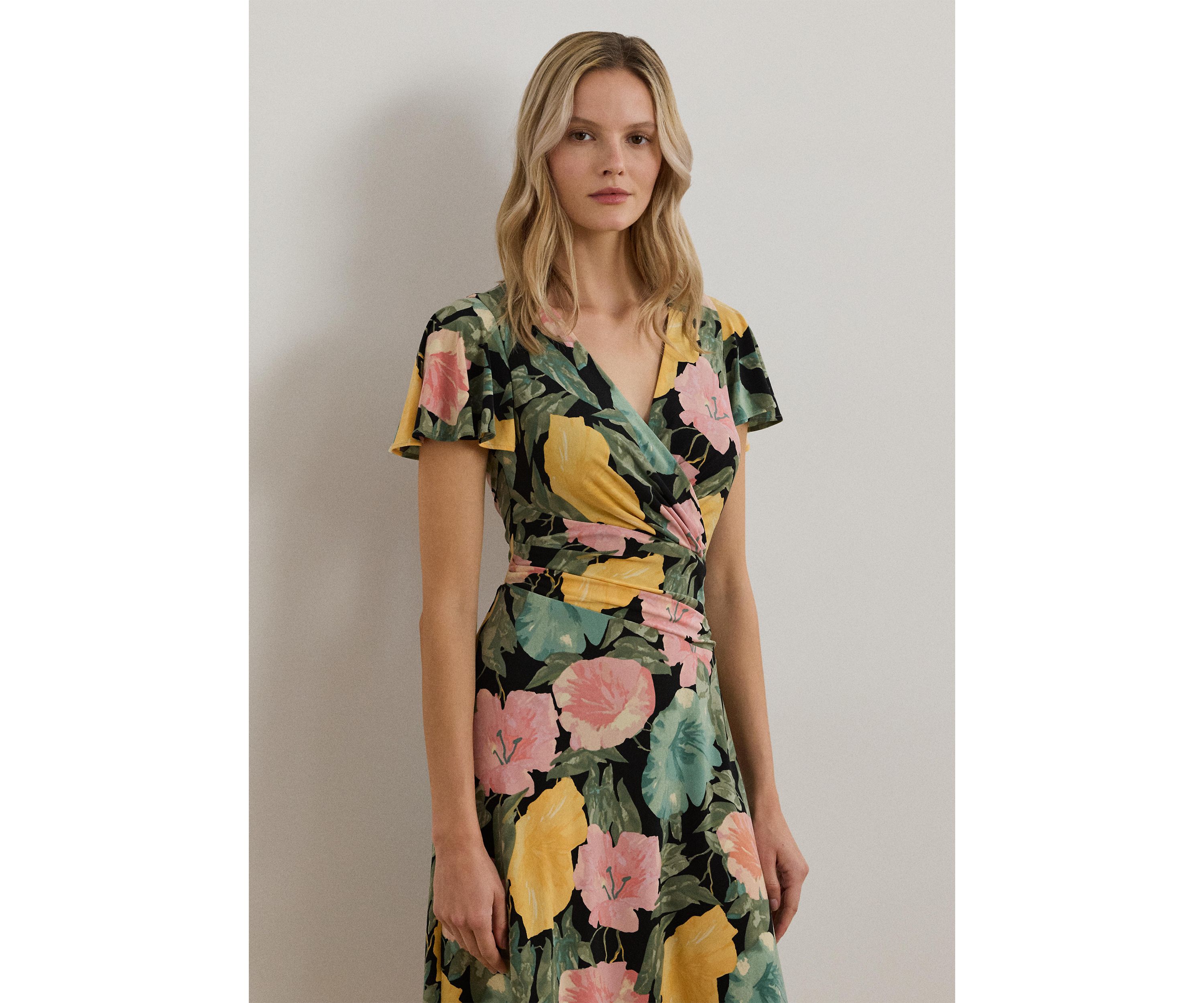 Womens Floral Stretch Jersey Surplice Dress
