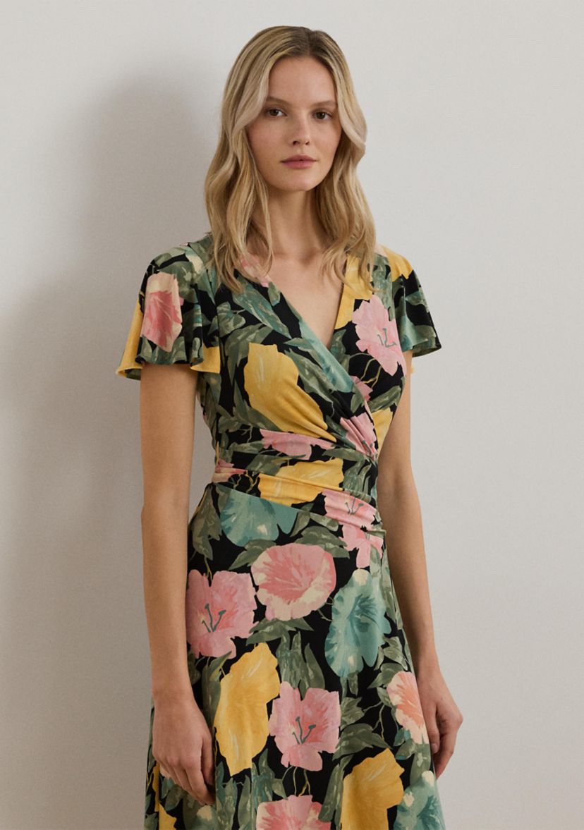 Womens Floral Stretch Jersey Surplice Dress