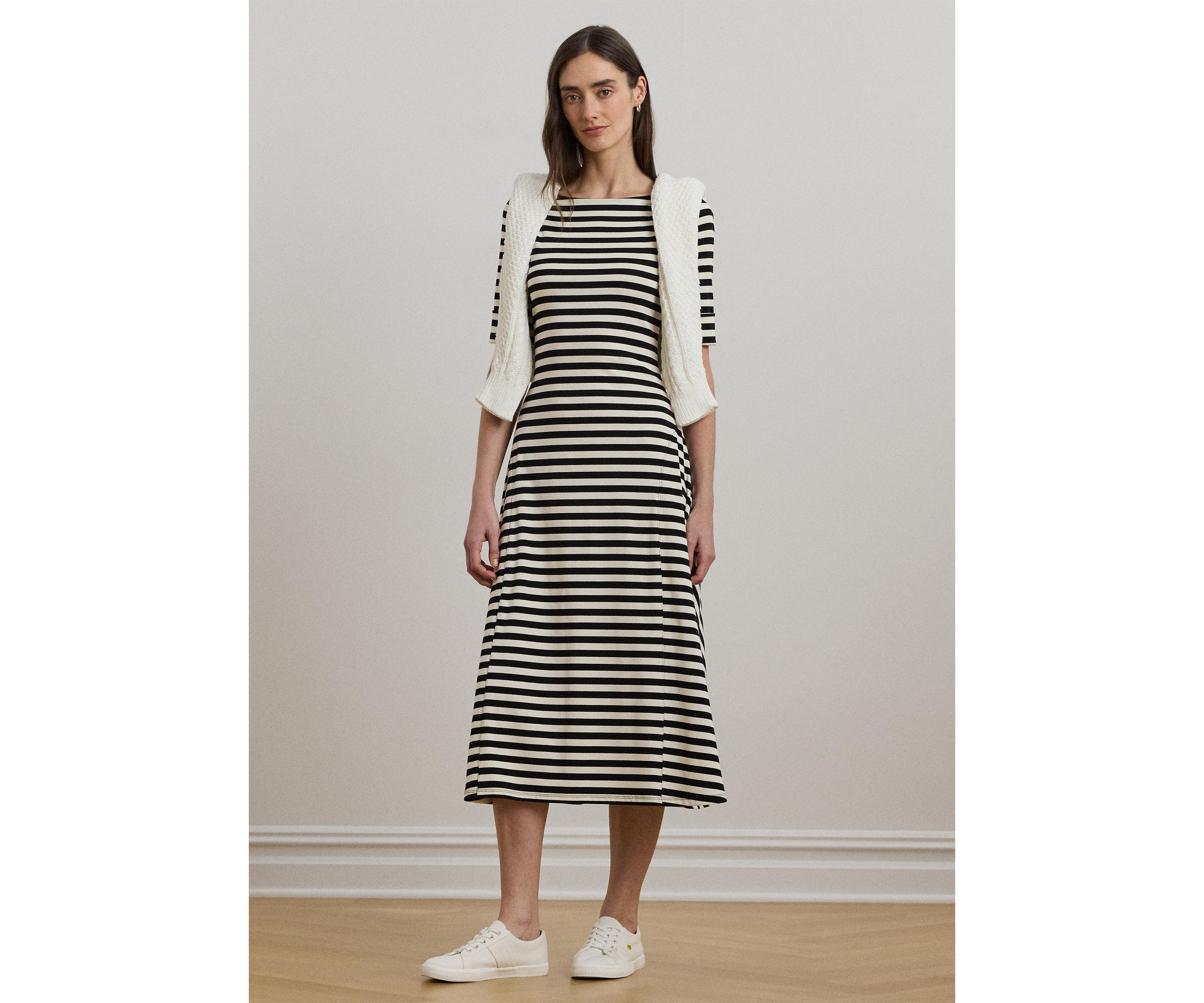 Womens Striped Stretch Cotton Midi Dress