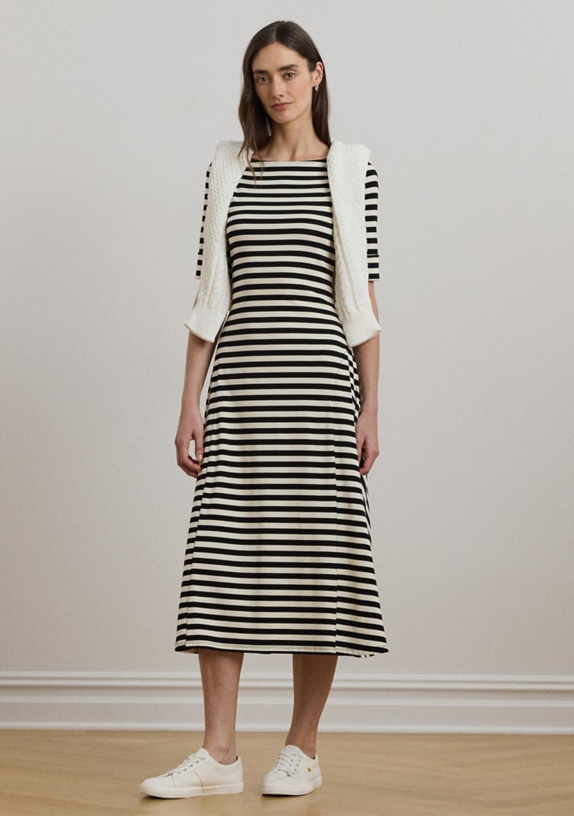 Womens Striped Stretch Cotton Midi Dress