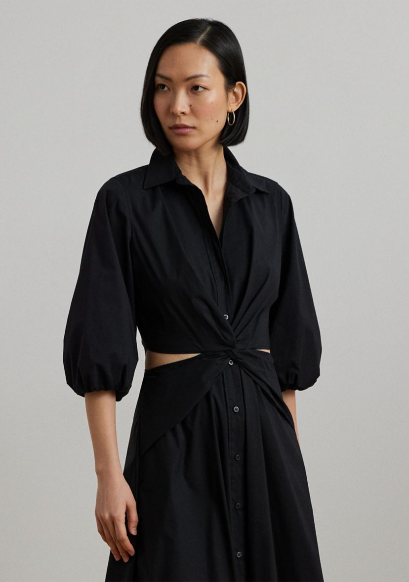 Cotton Blend Bubble Sleeve Shirtdress