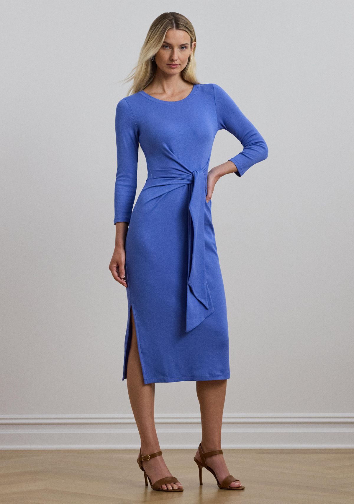 Womens Tie-Front Cotton-Blend Crew Neck Dress