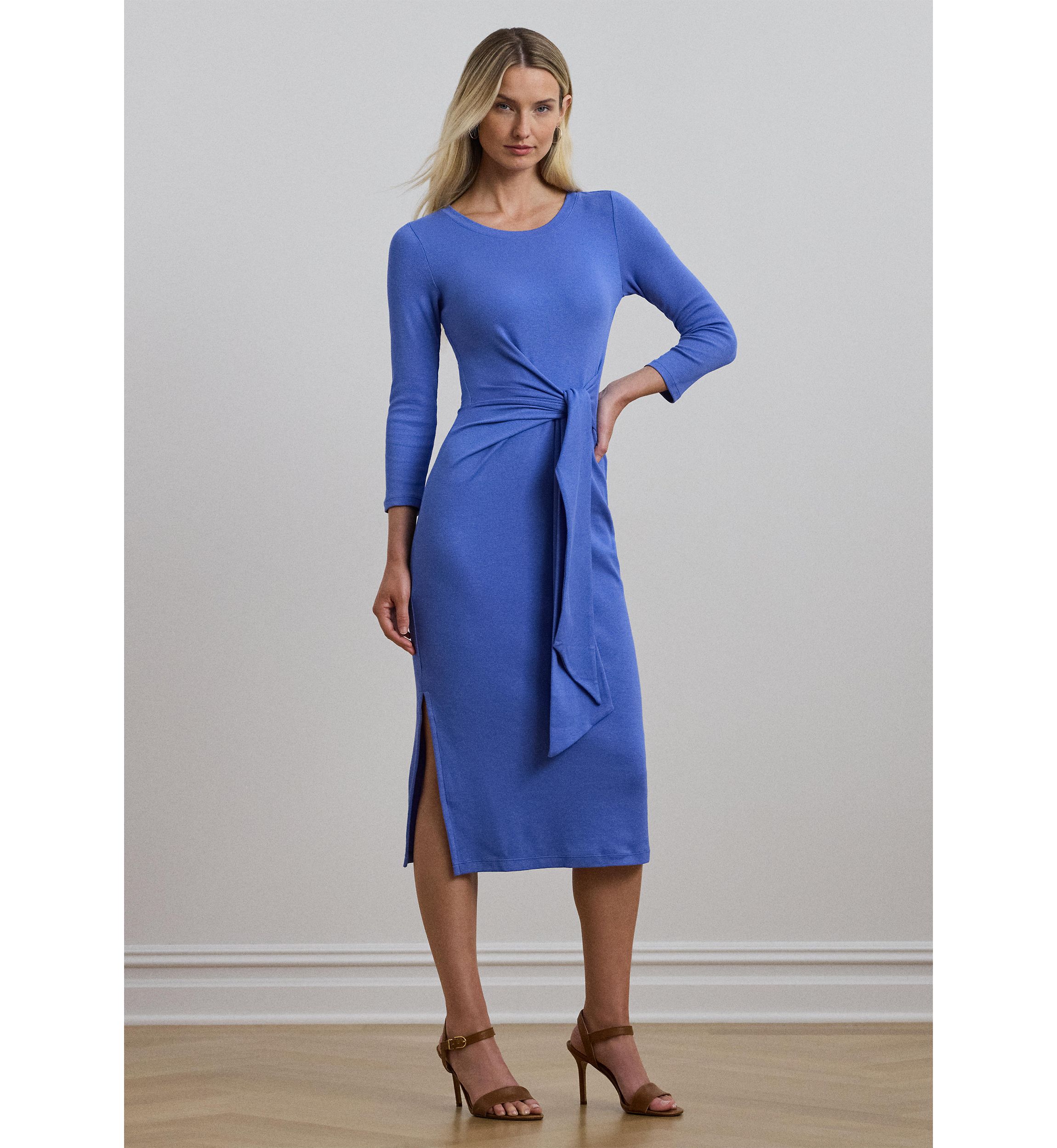 Womens Tie-Front Cotton-Blend Crew Neck Dress