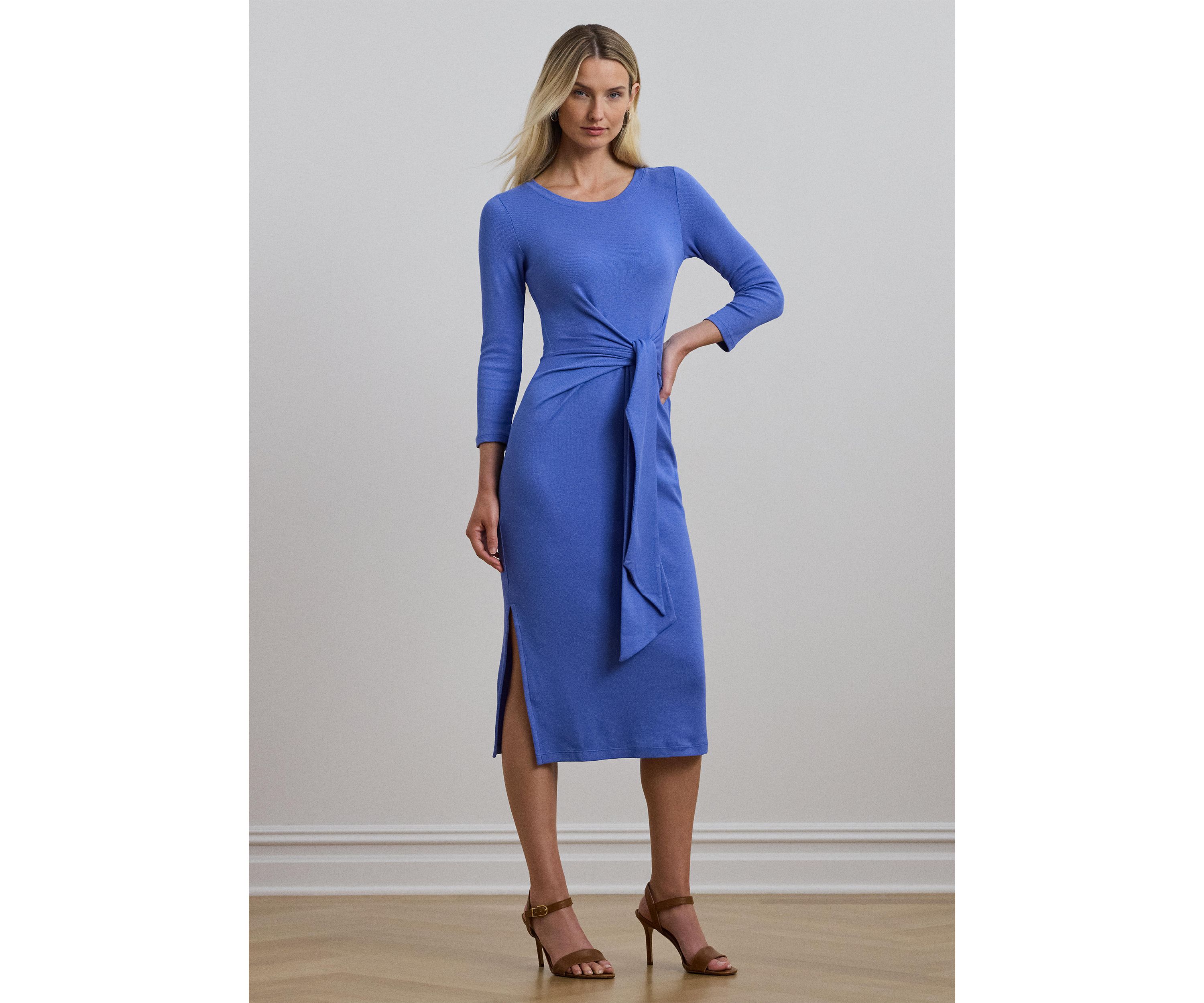 Womens Tie-Front Cotton-Blend Crew Neck Dress