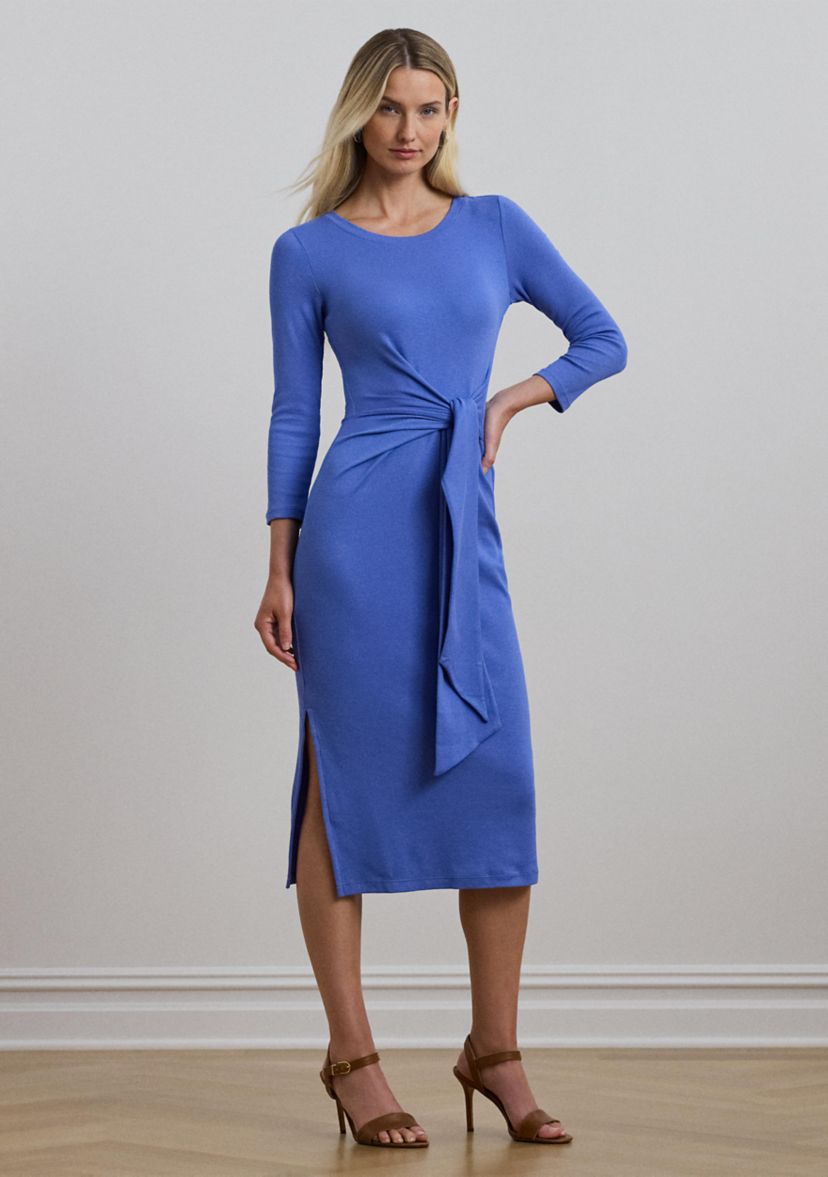 Womens Tie-Front Cotton-Blend Crew Neck Dress