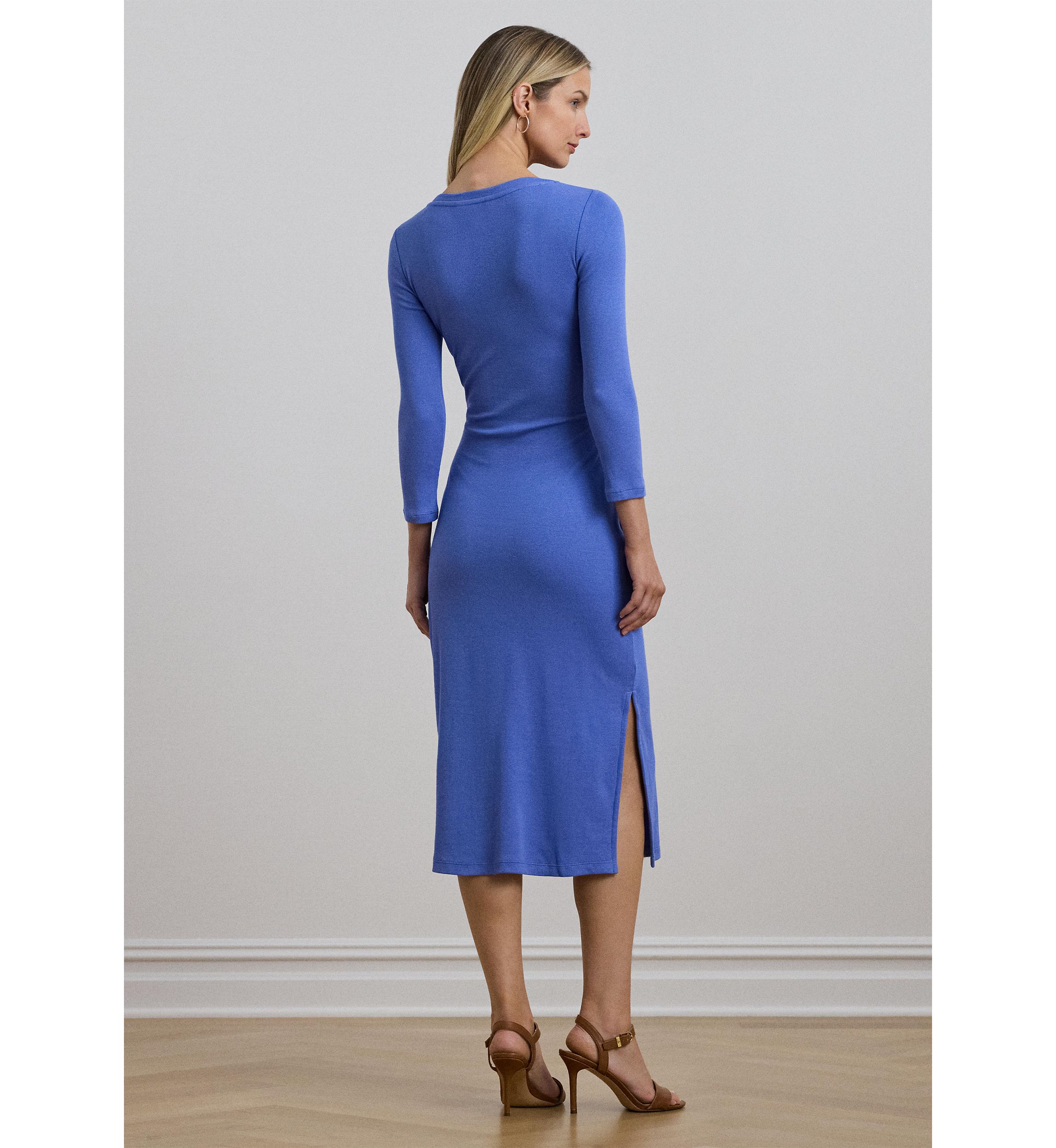 Womens Tie-Front Cotton-Blend Crew Neck Dress