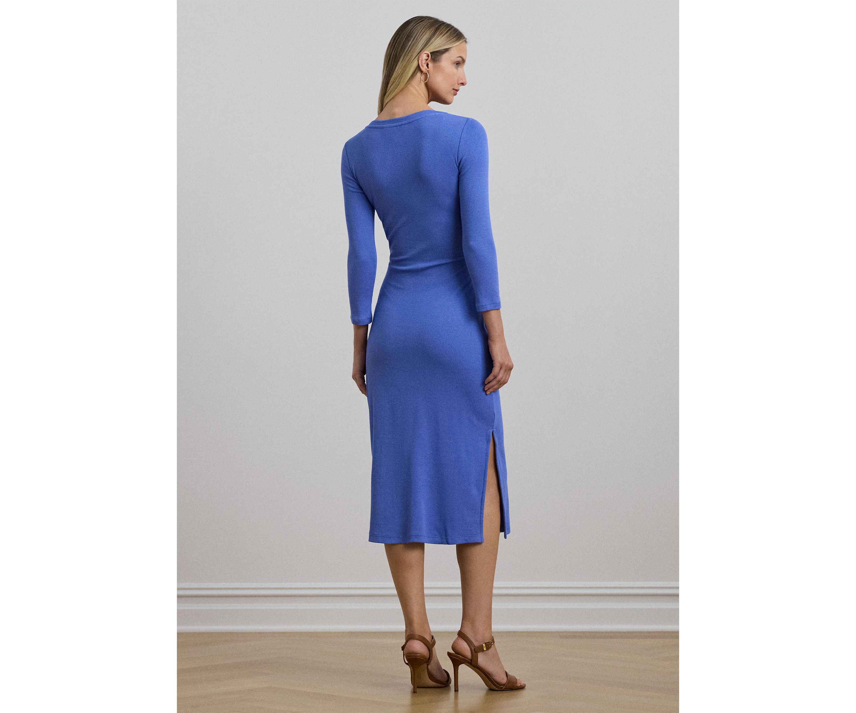 Womens Tie-Front Cotton-Blend Crew Neck Dress