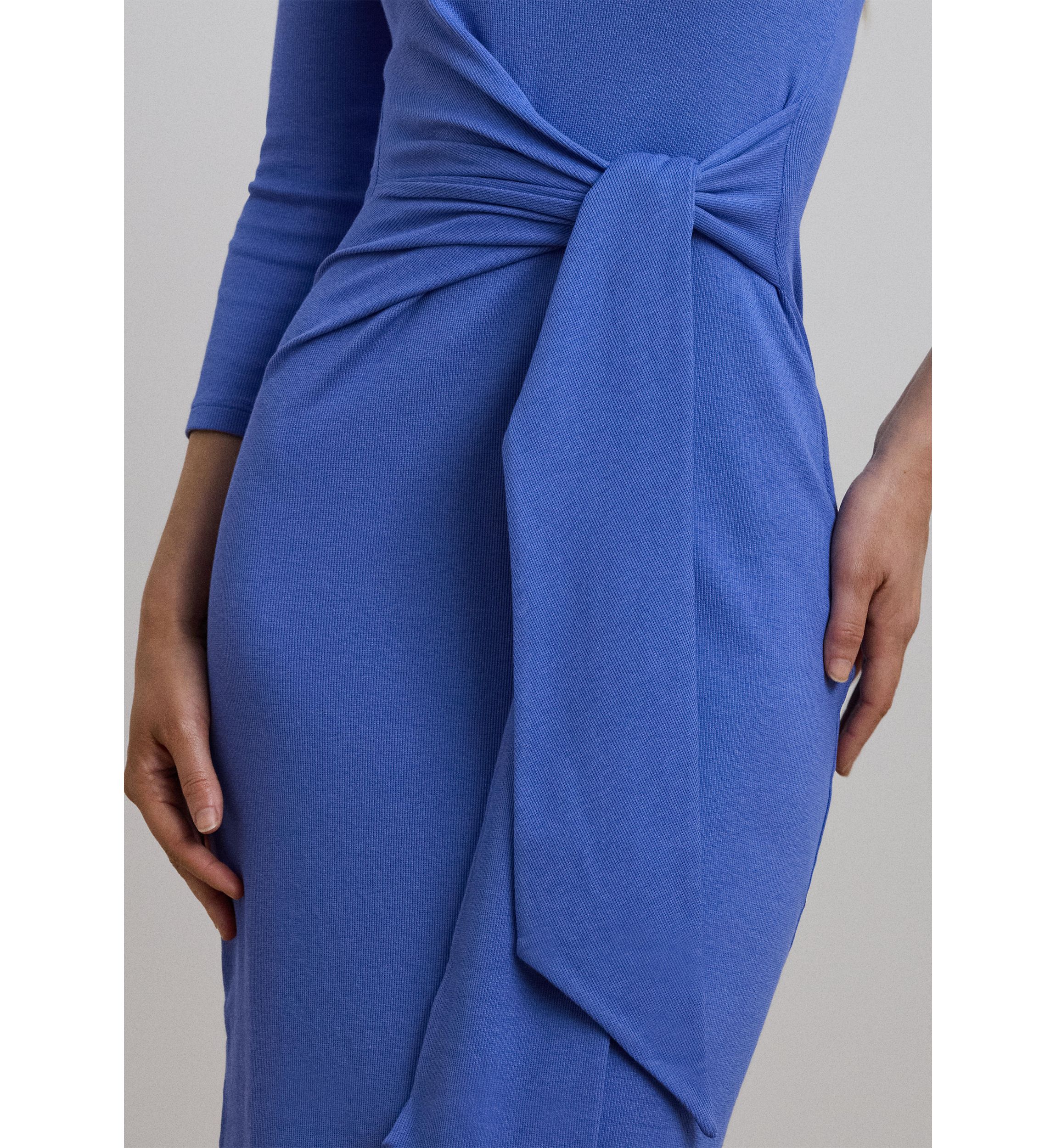 Womens Tie-Front Cotton-Blend Crew Neck Dress