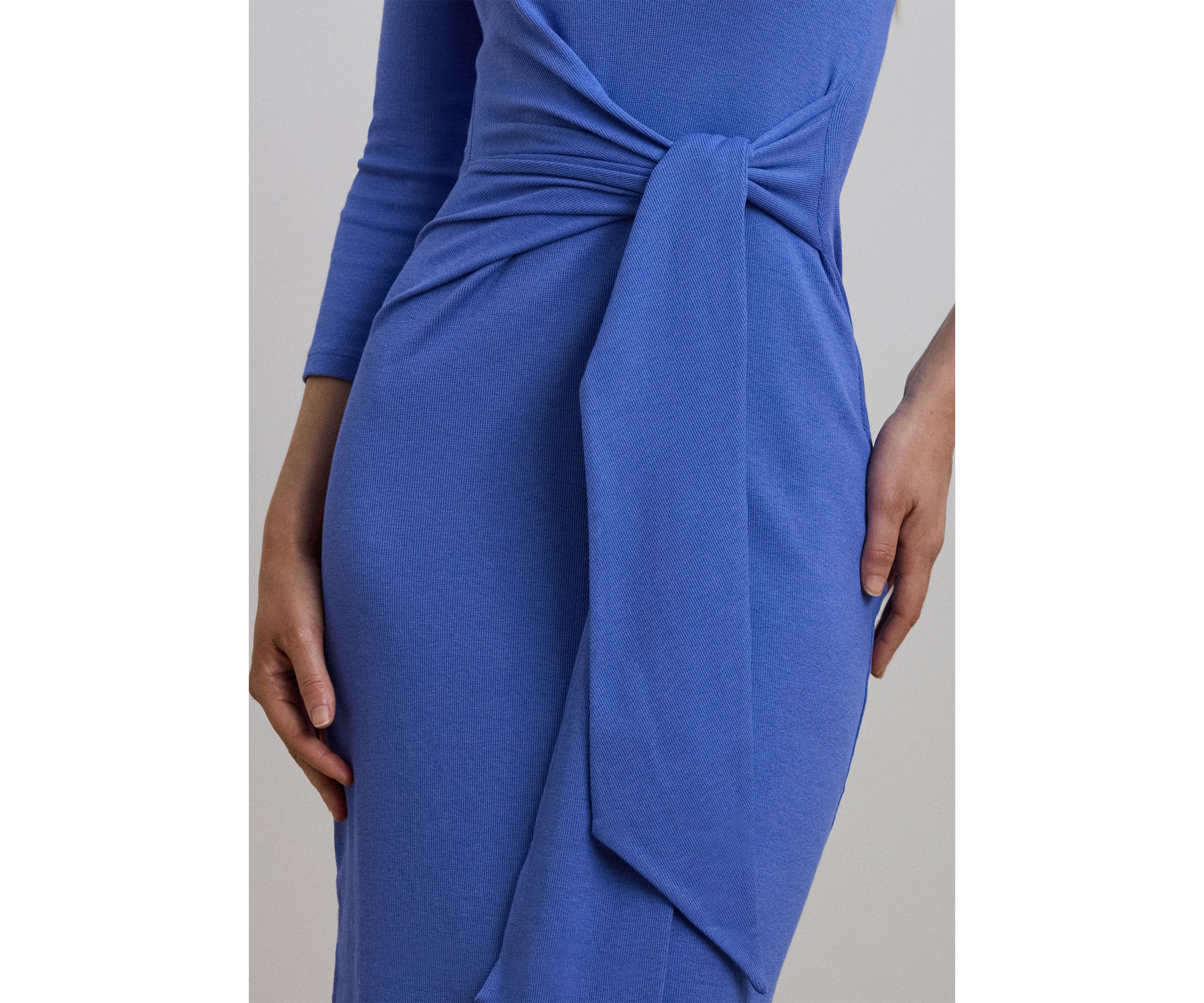 Womens Tie-Front Cotton-Blend Crew Neck Dress