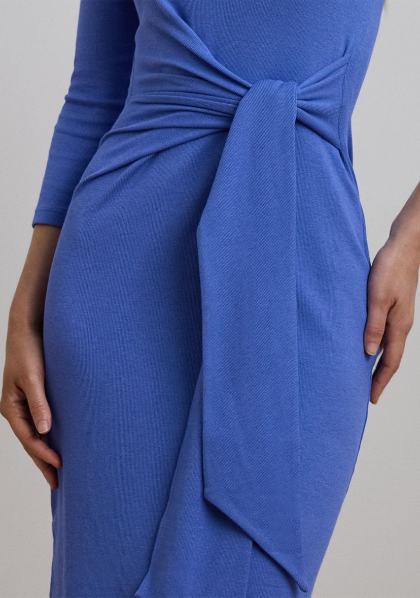 Womens Tie-Front Cotton-Blend Crew Neck Dress