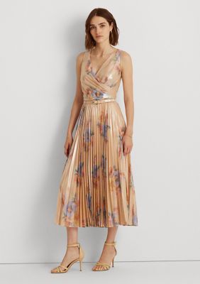 ralph lauren pleated metallic floral dress Ralph Lauren Pleated Metallic Chiffon Sleeveless Gown