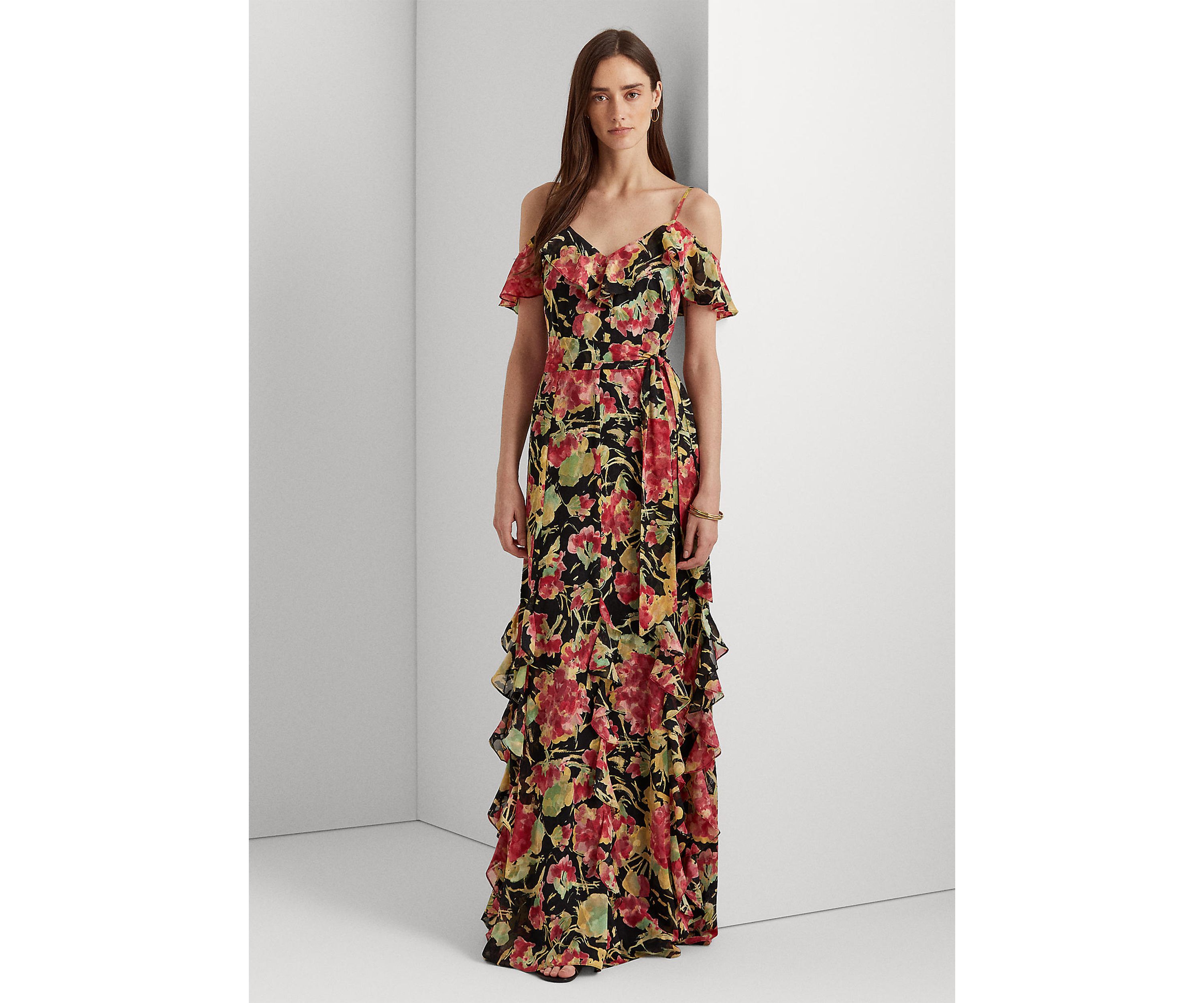 Floral Jacquard Off-the-Shoulder Gown
