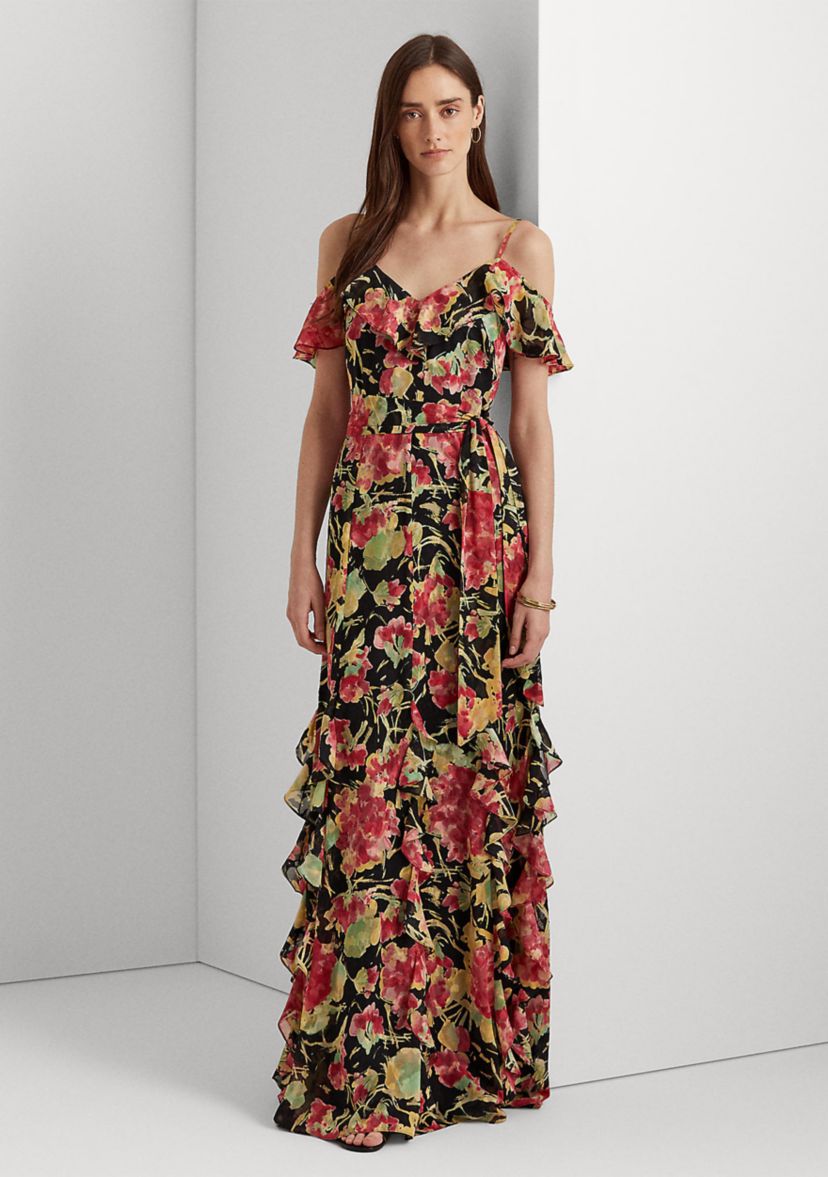 Floral Jacquard Off-the-Shoulder Gown