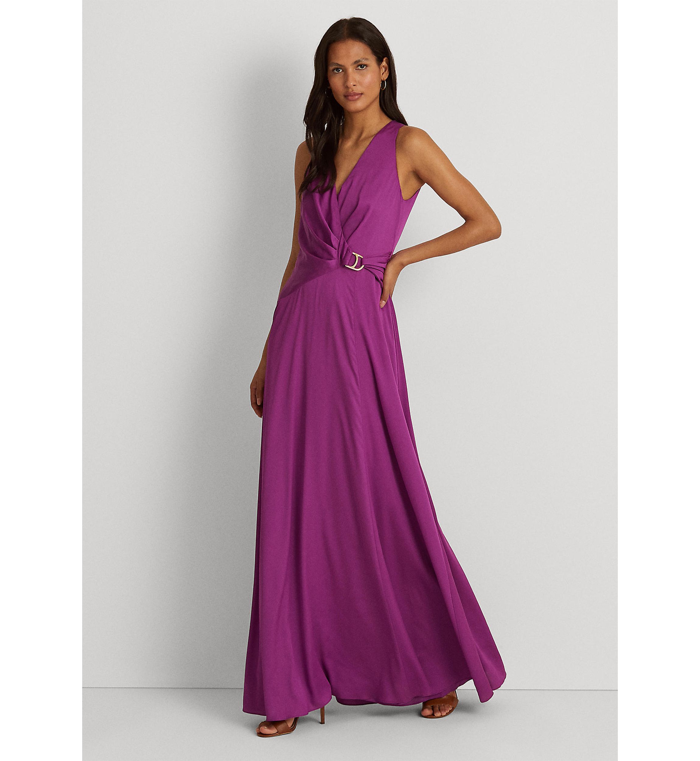 Buckle-Trim Satin Halter Gown