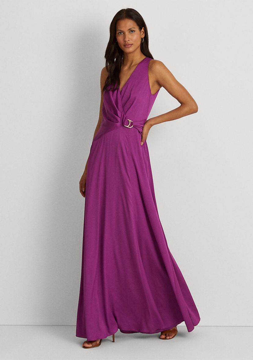 Buckle-Trim Satin Halter Gown
