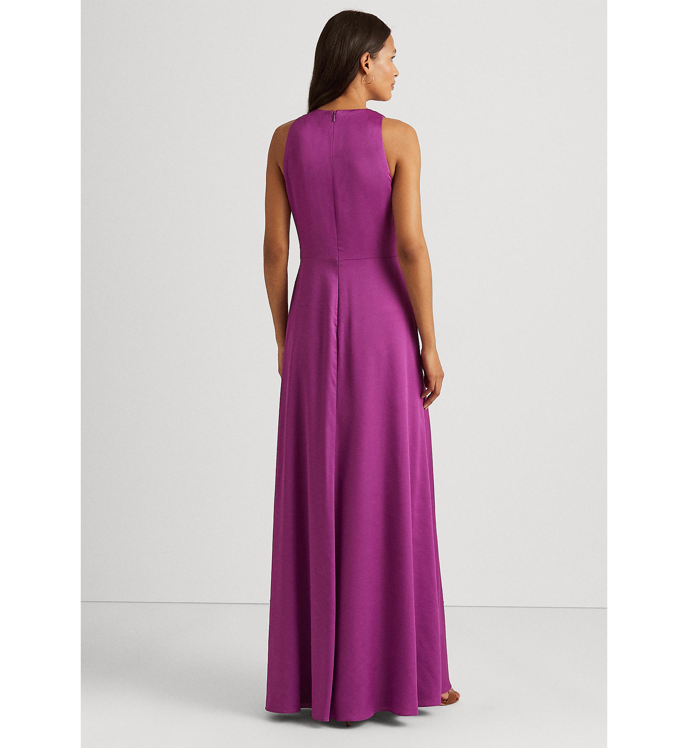 Buckle-Trim Satin Halter Gown