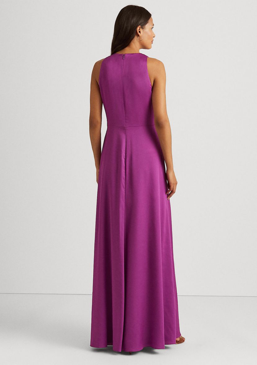 Buckle-Trim Satin Halter Gown